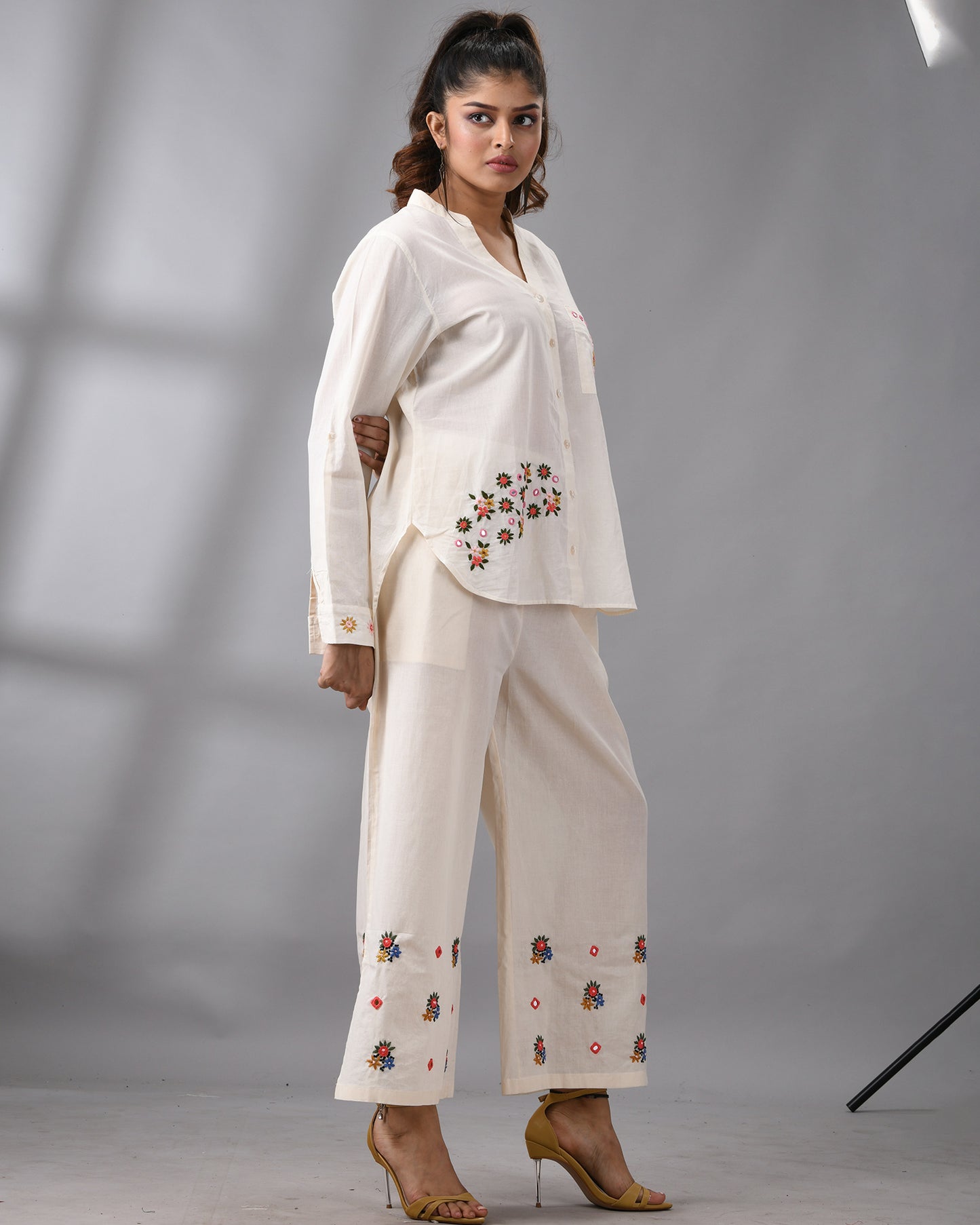 Afreen Parsee - Pink Hand Embroidery Full Sleeve Mandarine Collar Co-Ord Set Regular fit 100% Cotton for Women