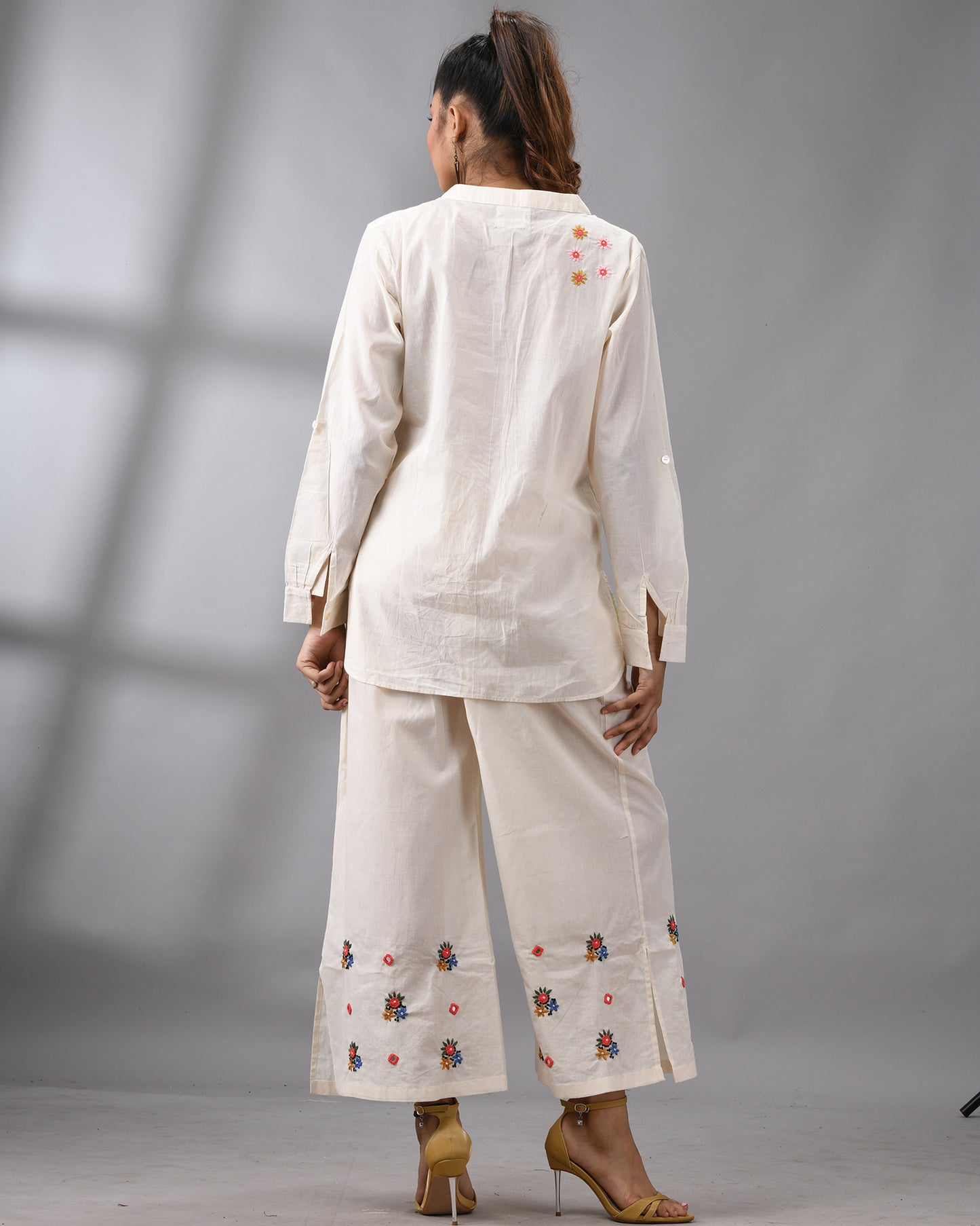 Afreen Parsee - Pink Hand Embroidery Full Sleeve Mandarine Collar Co-Ord Set Regular fit 100% Cotton for Women