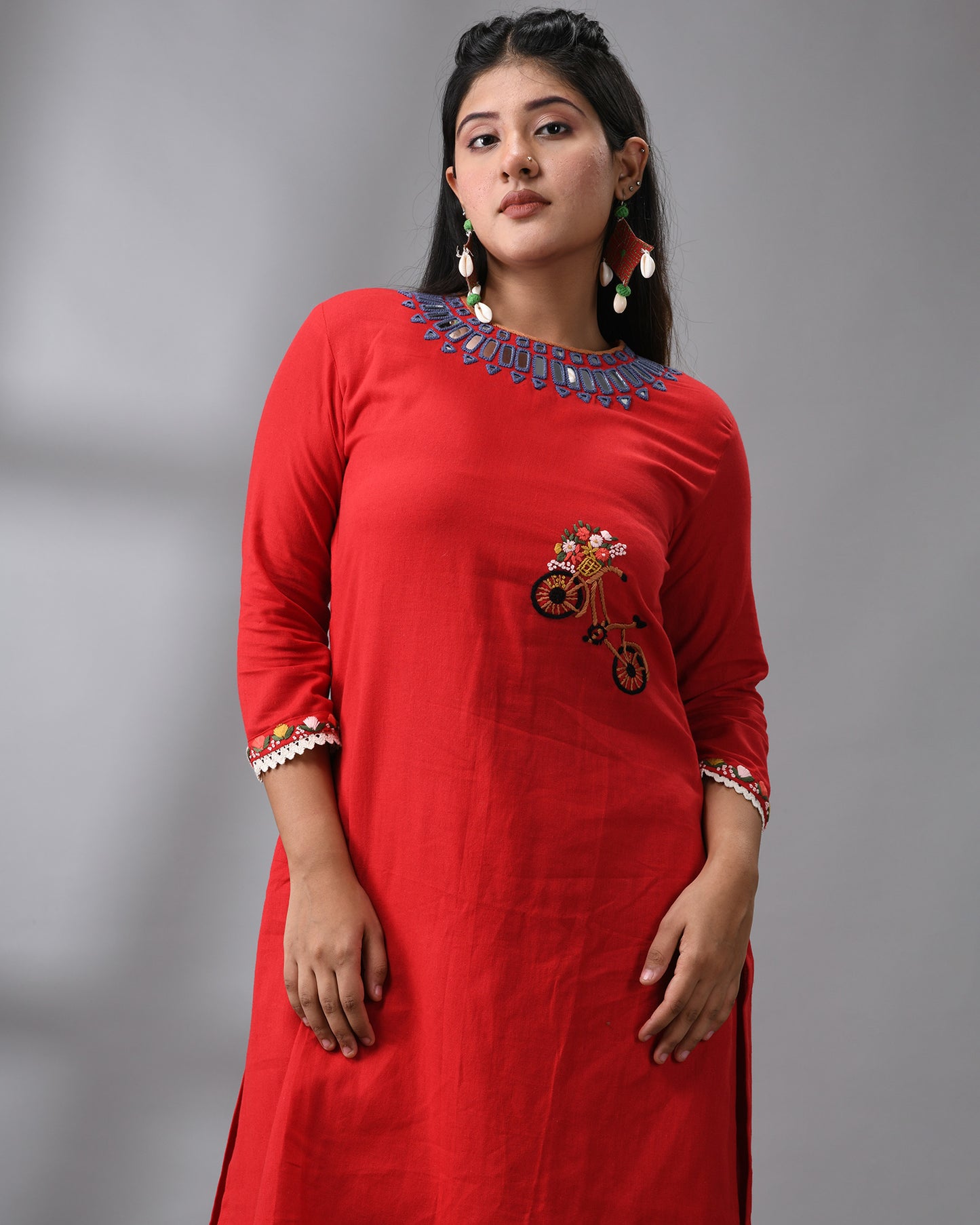 Sheesha - Khadi Red Parsee Hand Embroidery Three-Quarter Sleeve "O" Neck Co-Ord Set 100% Cotton for Women