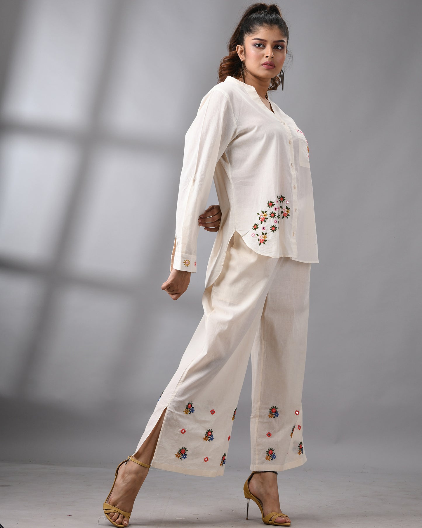 Afreen Parsee - Pink Hand Embroidery Full Sleeve Mandarine Collar Co-Ord Set Regular fit 100% Cotton for Women