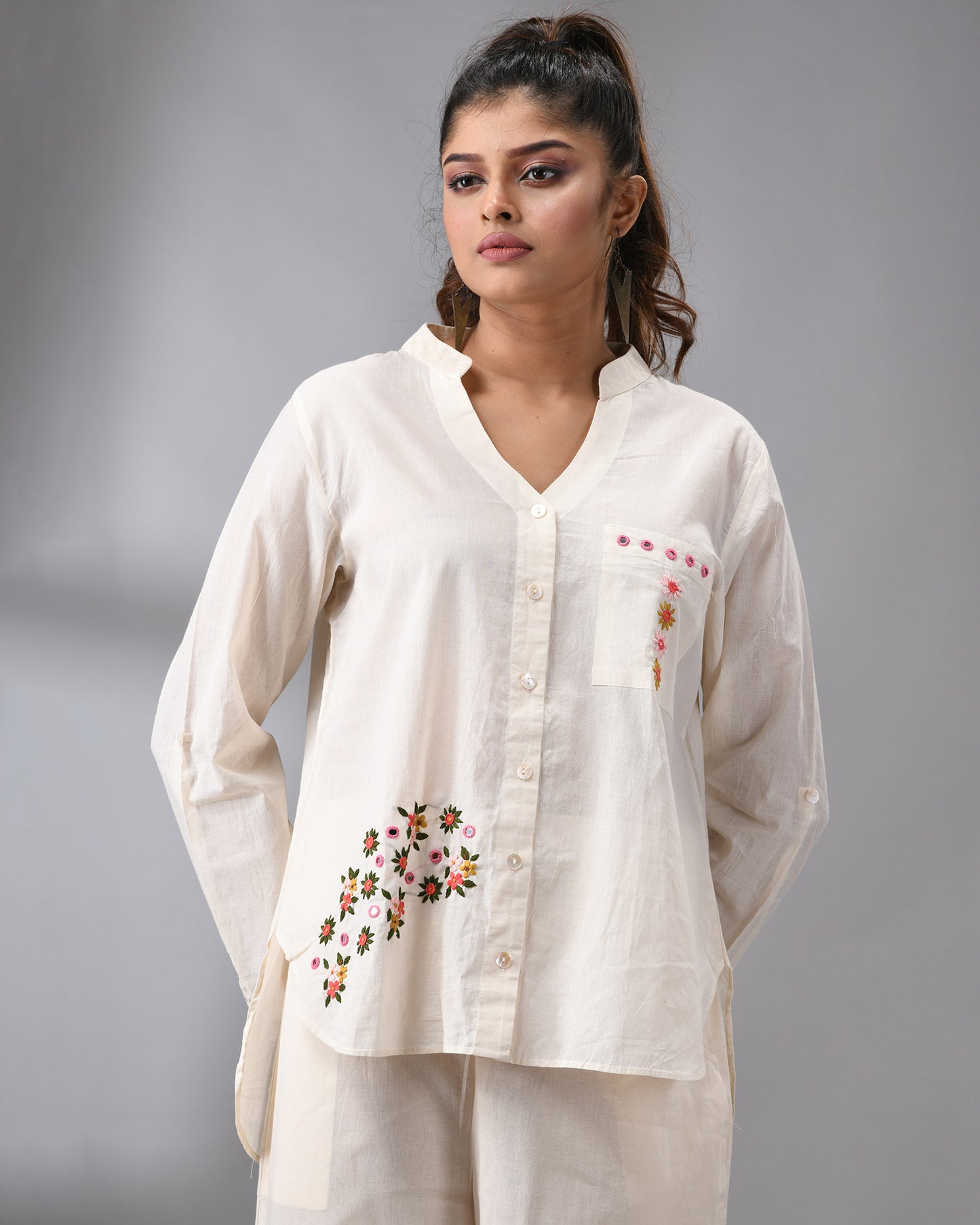 Afreen Parsee - Pink Hand Embroidery Full Sleeve Mandarine Collar Co-Ord Set Regular fit 100% Cotton for Women