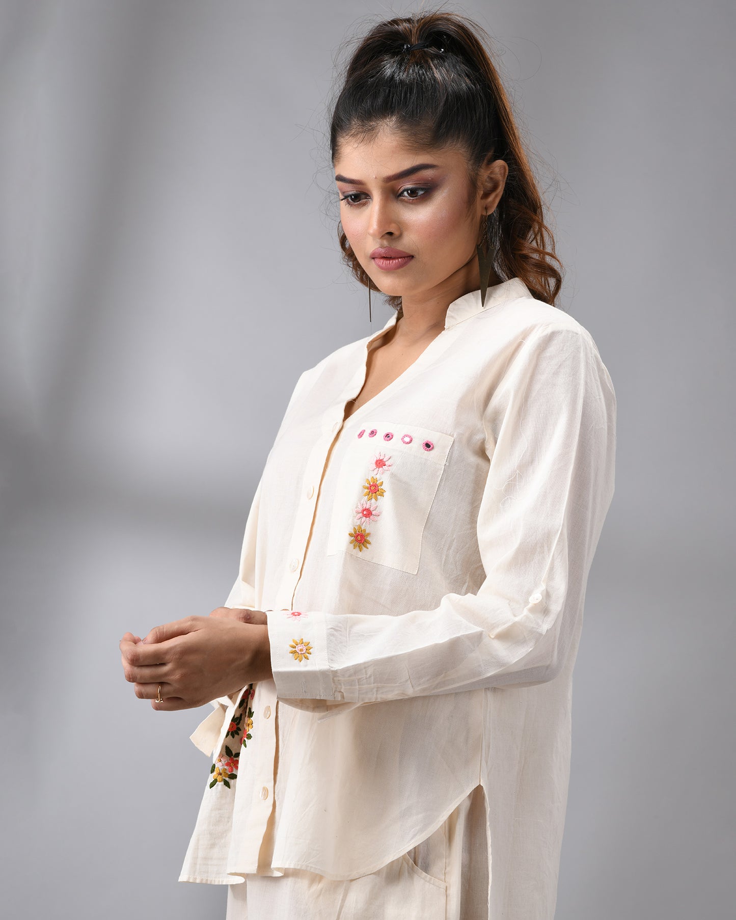 Afreen Parsee - Pink Hand Embroidery Full Sleeve Mandarine Collar Co-Ord Set Regular fit 100% Cotton for Women