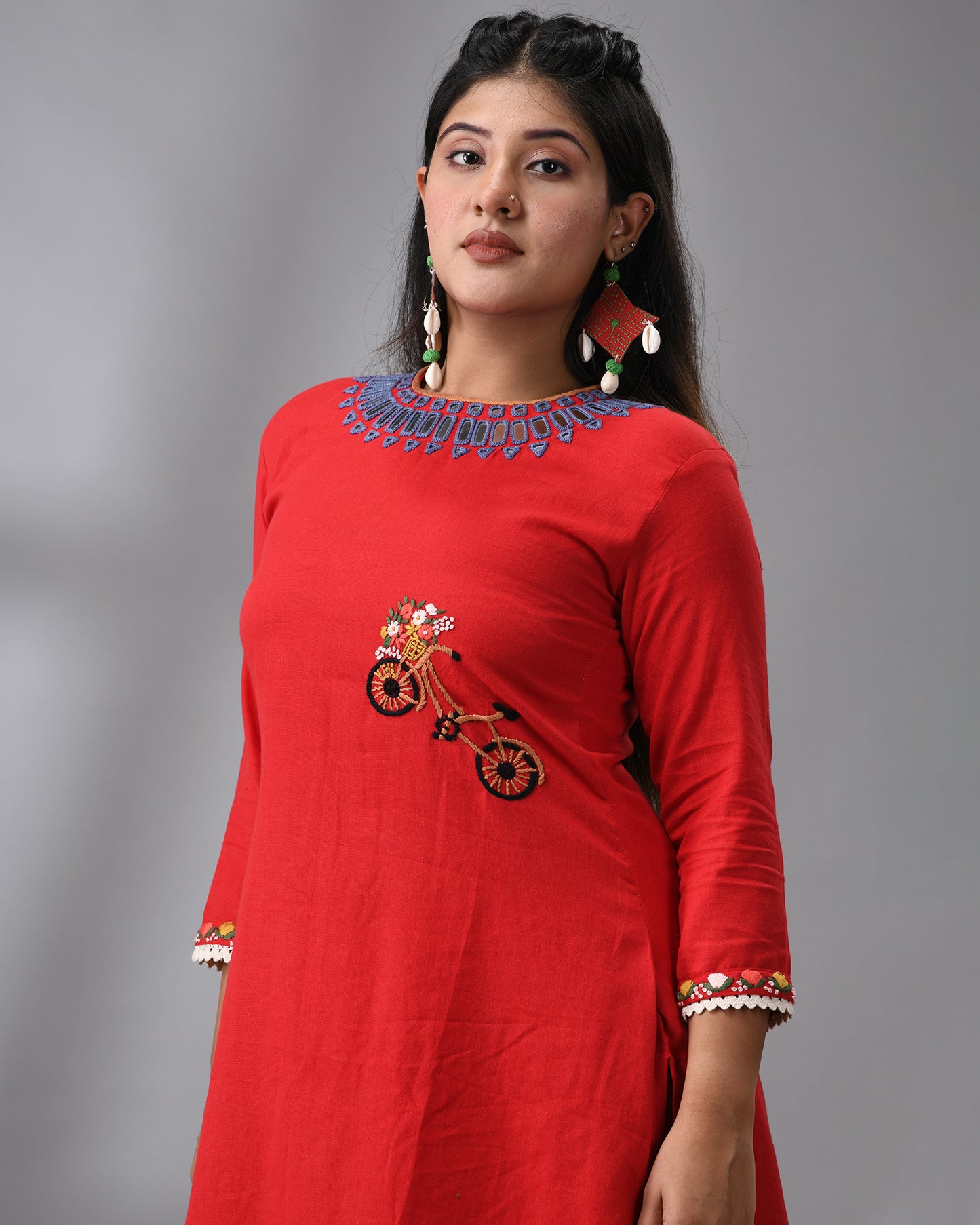 Sheesha - Khadi Red Parsee Hand Embroidery Three-Quarter Sleeve "O" Neck Co-Ord Set 100% Cotton for Women
