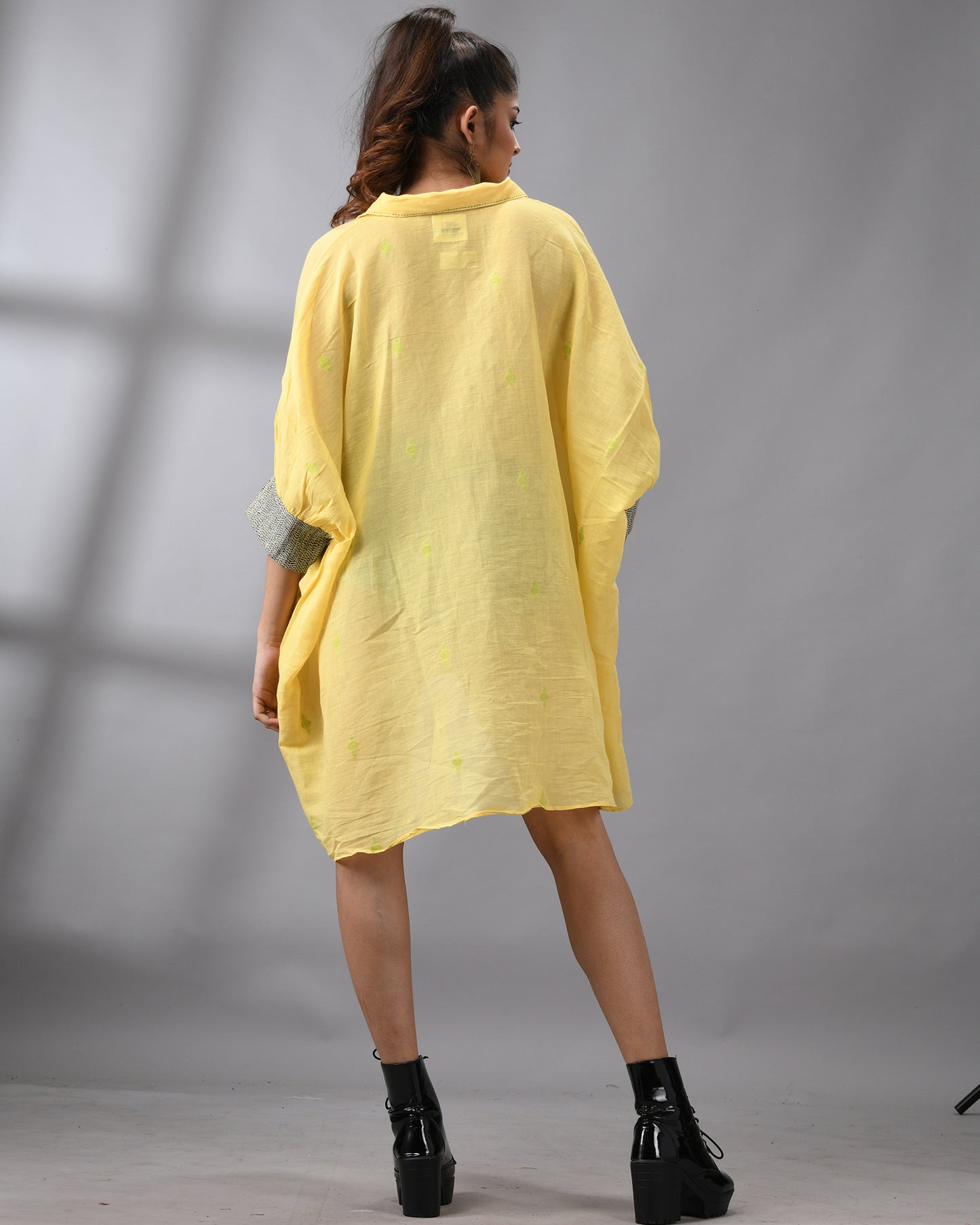 Handloom Jamdani Yellow Kaftan Regular Shirt Collar Hand Embroidery on Cuff Free size Loose Fit 100% Cotton for Women