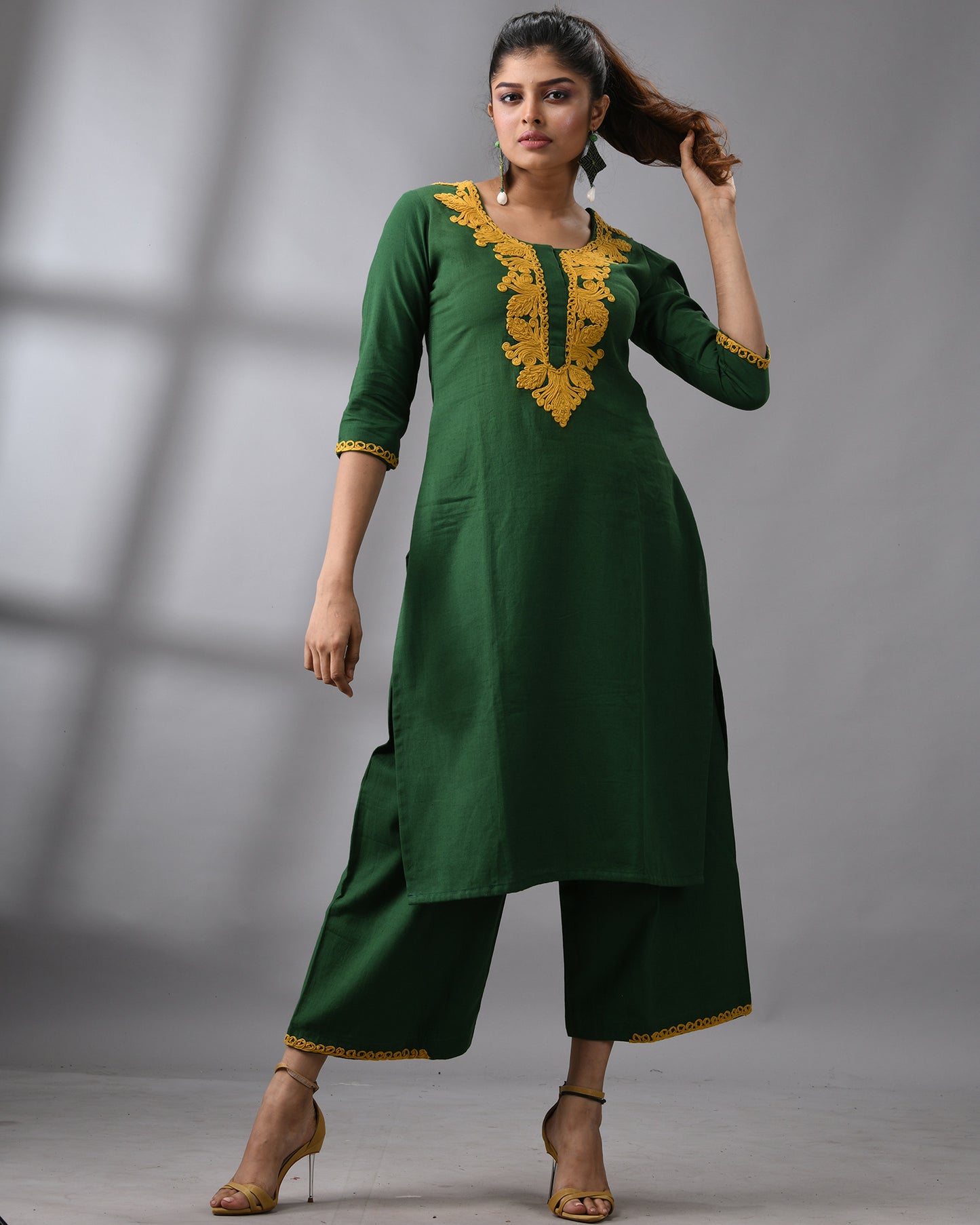 Ghurni - Co-Ord Embroidery Three-quarter Sleeve Round Neck Co-Ord Set 100% Cotton for Women