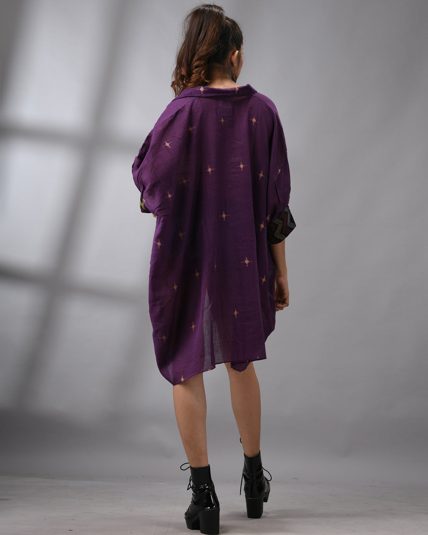 Handloom Jamdani Purple Kaftan Regular Shirt Collar Hand Embroidery on Cuff Free size Loose Fit 100% Cotton for Women