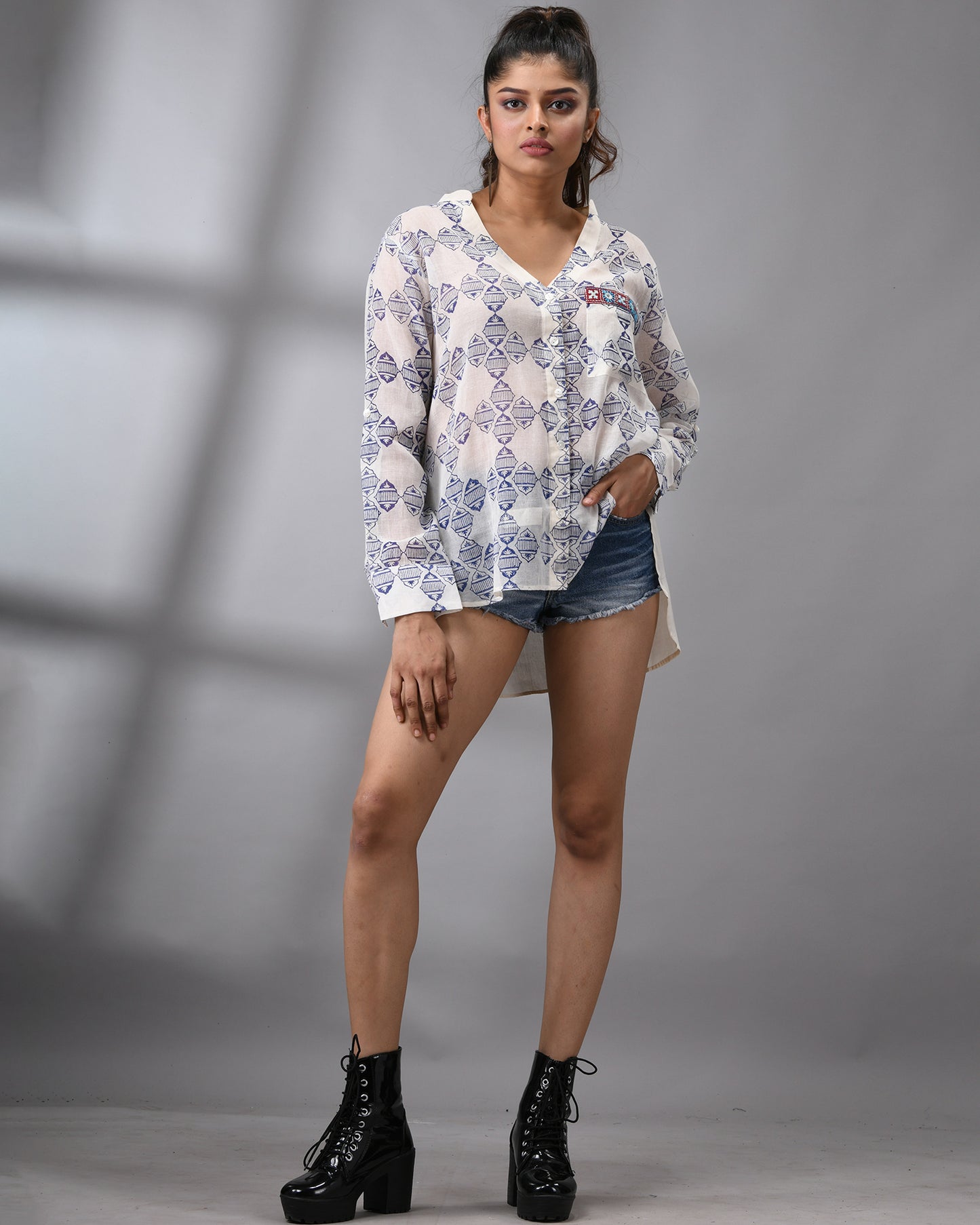 Niladri - Hand Block Printed Full Sleeve Mandarin Collar Shirt With Hand Kutch Embroidery Details on Pocket 100% Cotton for Women