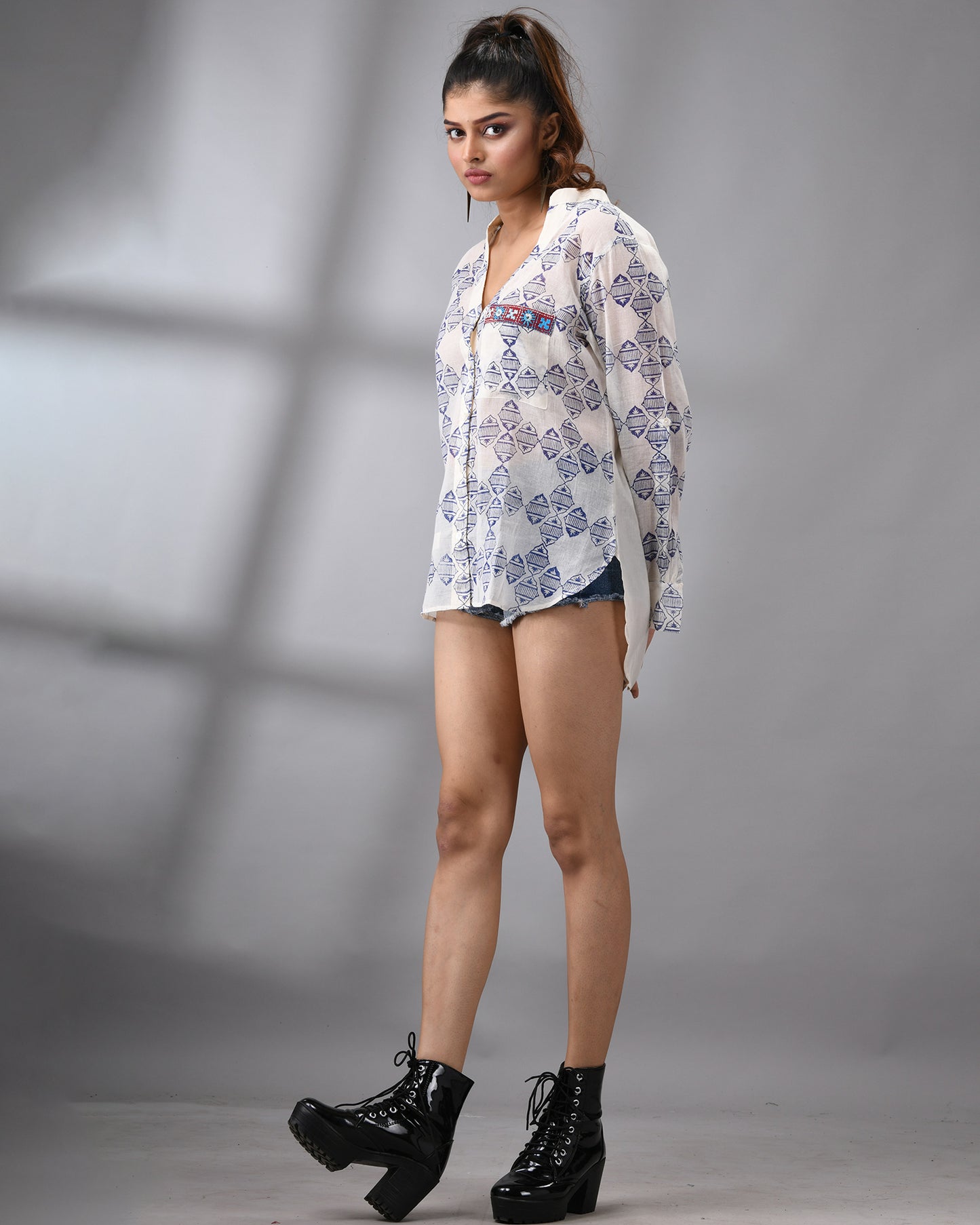 Niladri - Hand Block Printed Full Sleeve Mandarin Collar Shirt With Hand Kutch Embroidery Details on Pocket 100% Cotton for Women