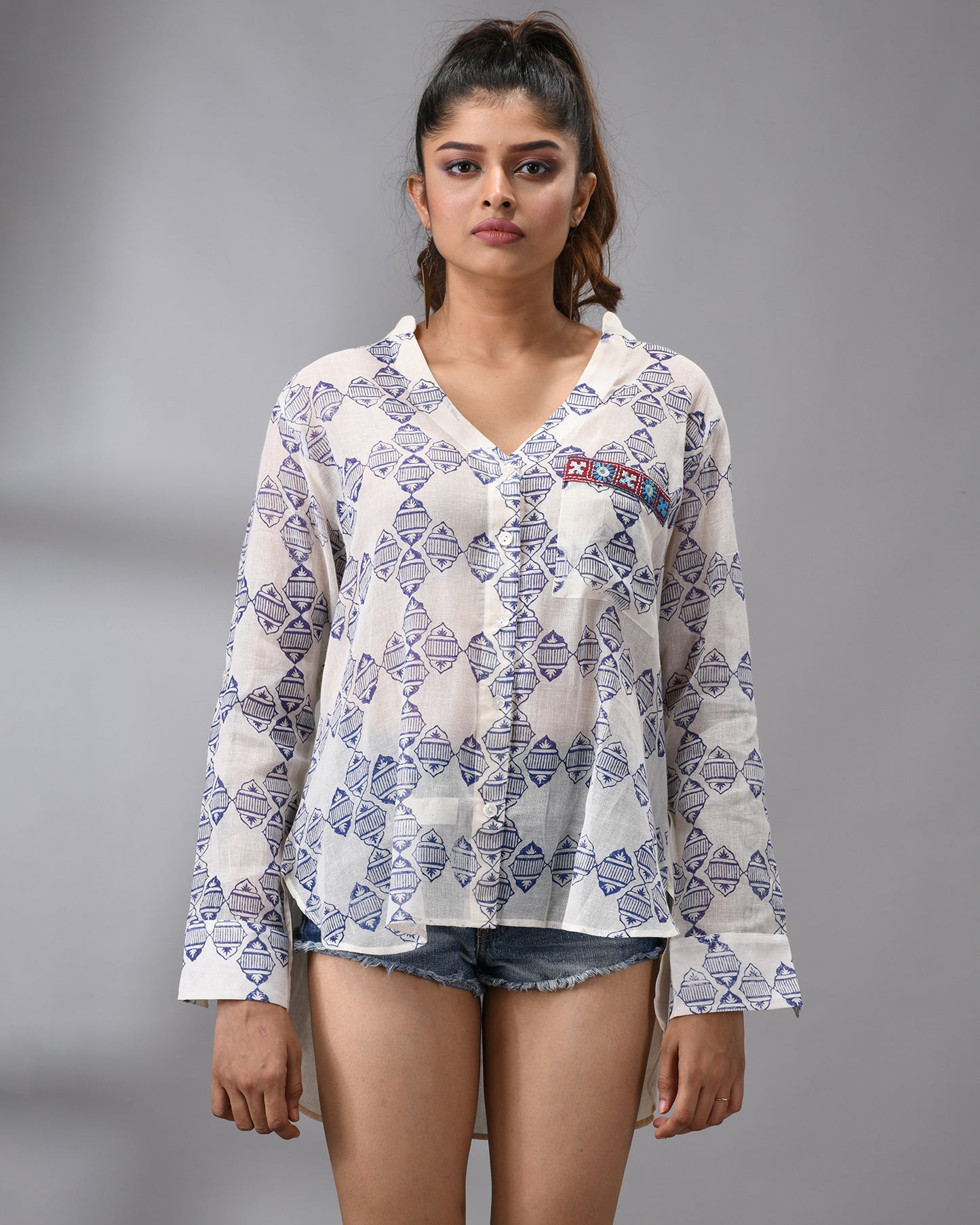 Niladri - Hand Block Printed Full Sleeve Mandarin Collar Shirt With Hand Kutch Embroidery Details on Pocket 100% Cotton for Women