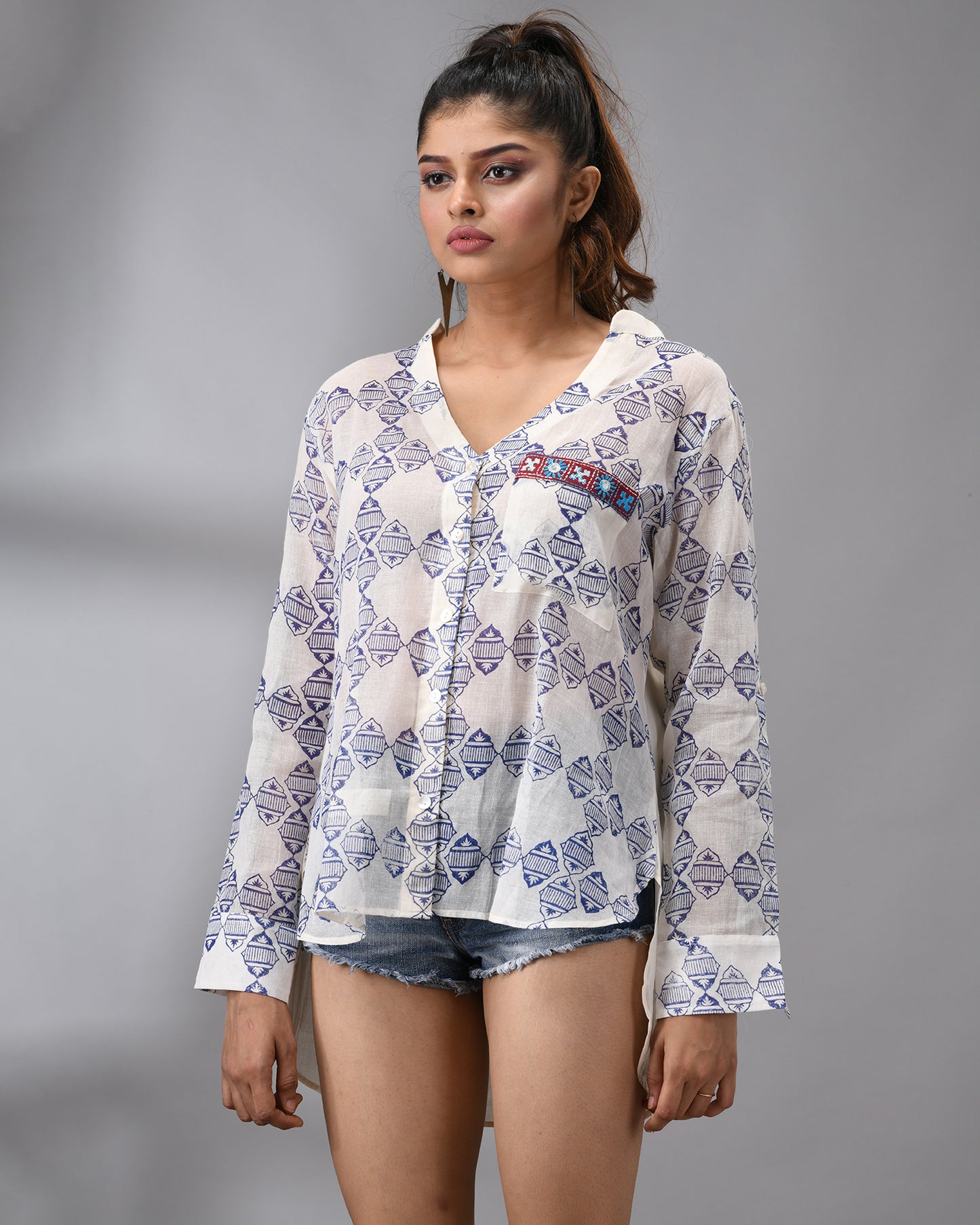 Niladri - Hand Block Printed Full Sleeve Mandarin Collar Shirt With Hand Kutch Embroidery Details on Pocket 100% Cotton for Women