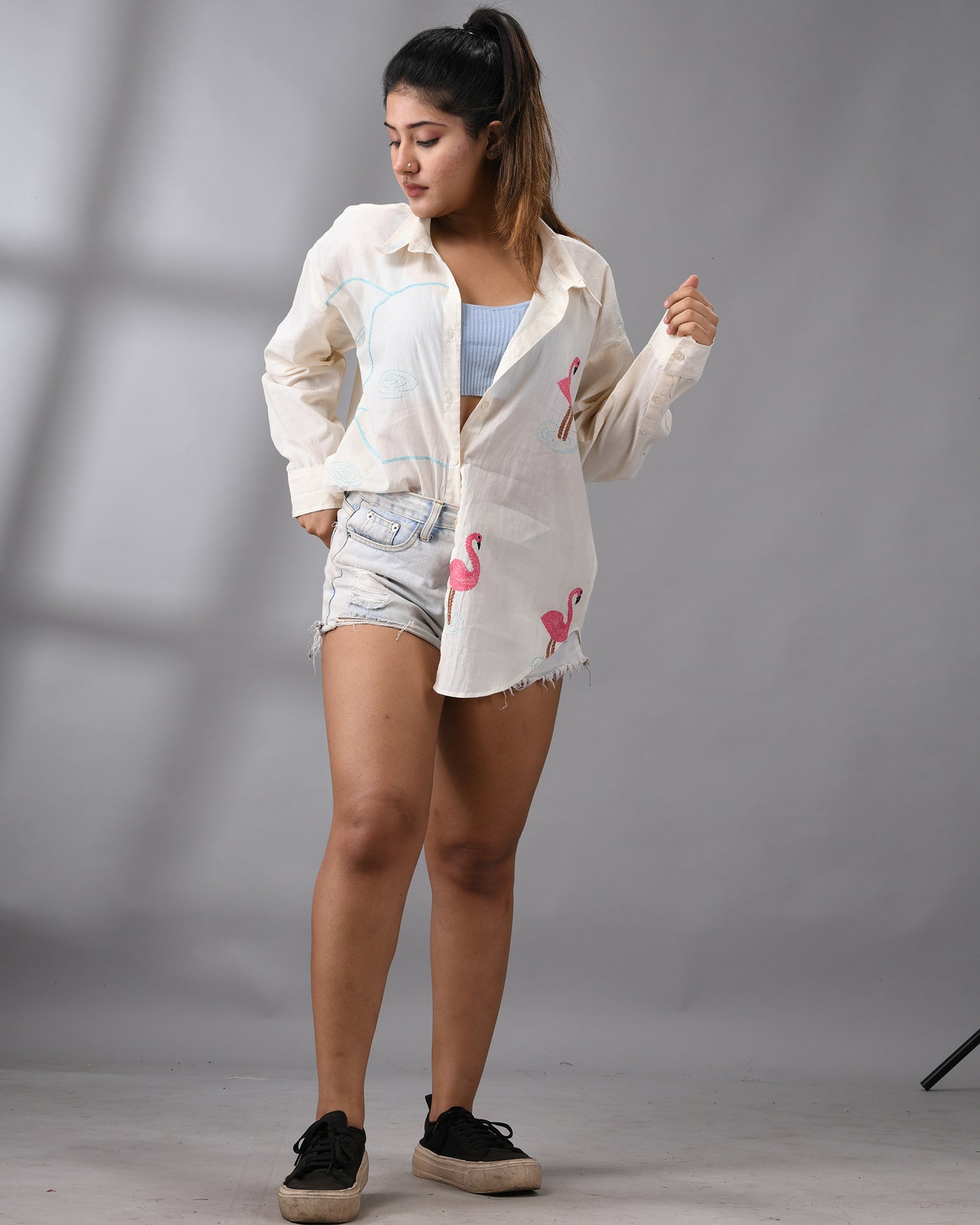 Flamingo - Kantha Hand Embroidery Full Sleeve Regular Collar Shirt 100% Cotton for Women (Unisex)