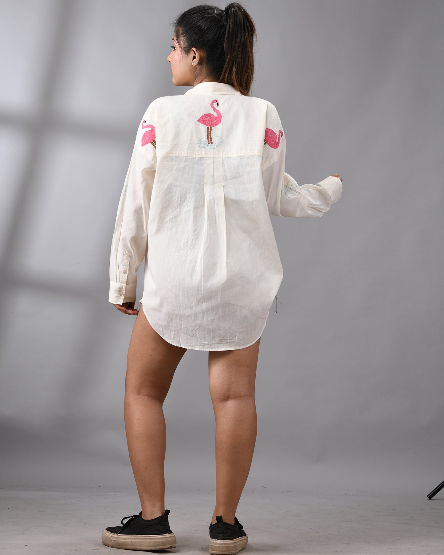 Flamingo - Kantha Hand Embroidery Full Sleeve Regular Collar Shirt 100% Cotton for Women (Unisex)