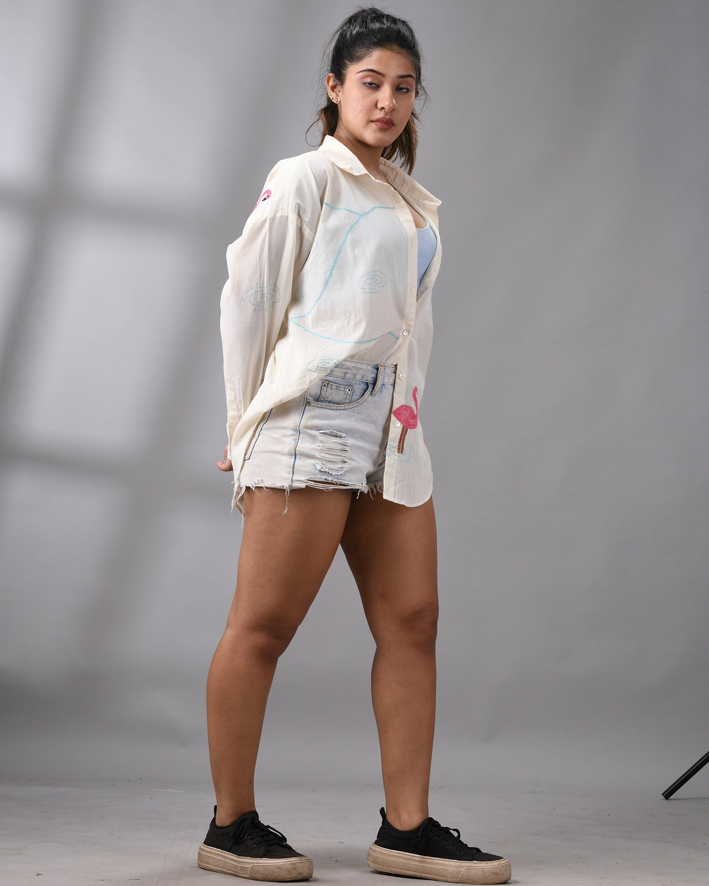 Flamingo - Kantha Hand Embroidery Full Sleeve Regular Collar Shirt 100% Cotton for Women (Unisex)