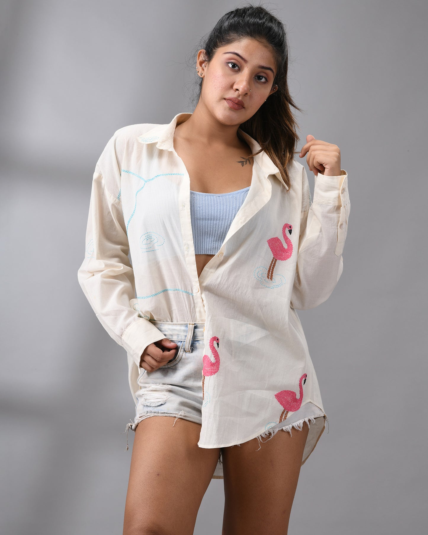 Flamingo - Kantha Hand Embroidery Full Sleeve Regular Collar Shirt 100% Cotton for Women (Unisex)