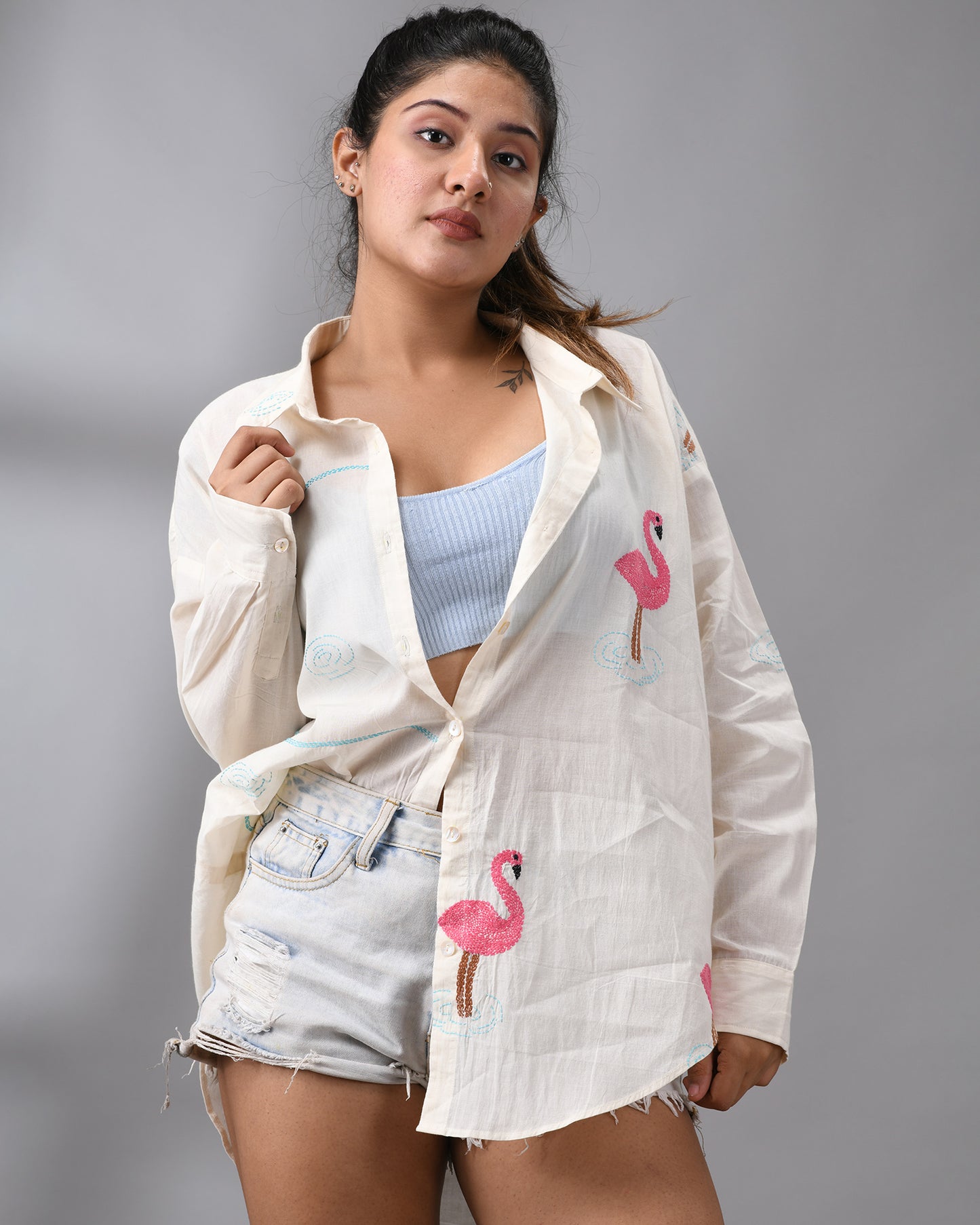 Flamingo - Kantha Hand Embroidery Full Sleeve Regular Collar Shirt 100% Cotton for Women (Unisex)