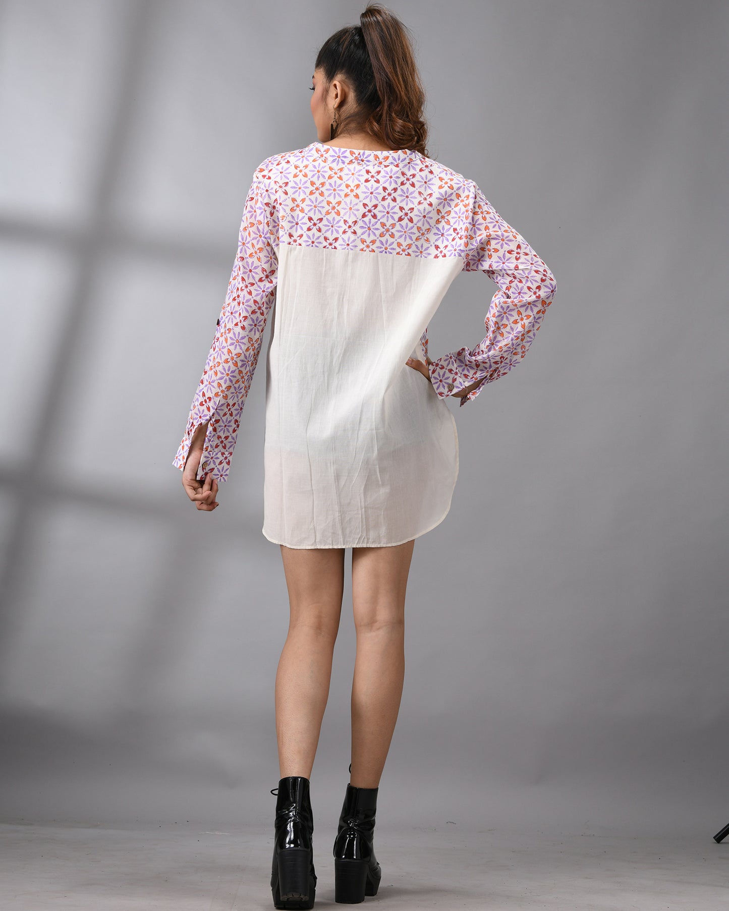 Sitara - Hand Block Printed Full Sleeve Mandarin Collar Shirt With Hand Embroidery Details on Pocket 100% Cotton for Women