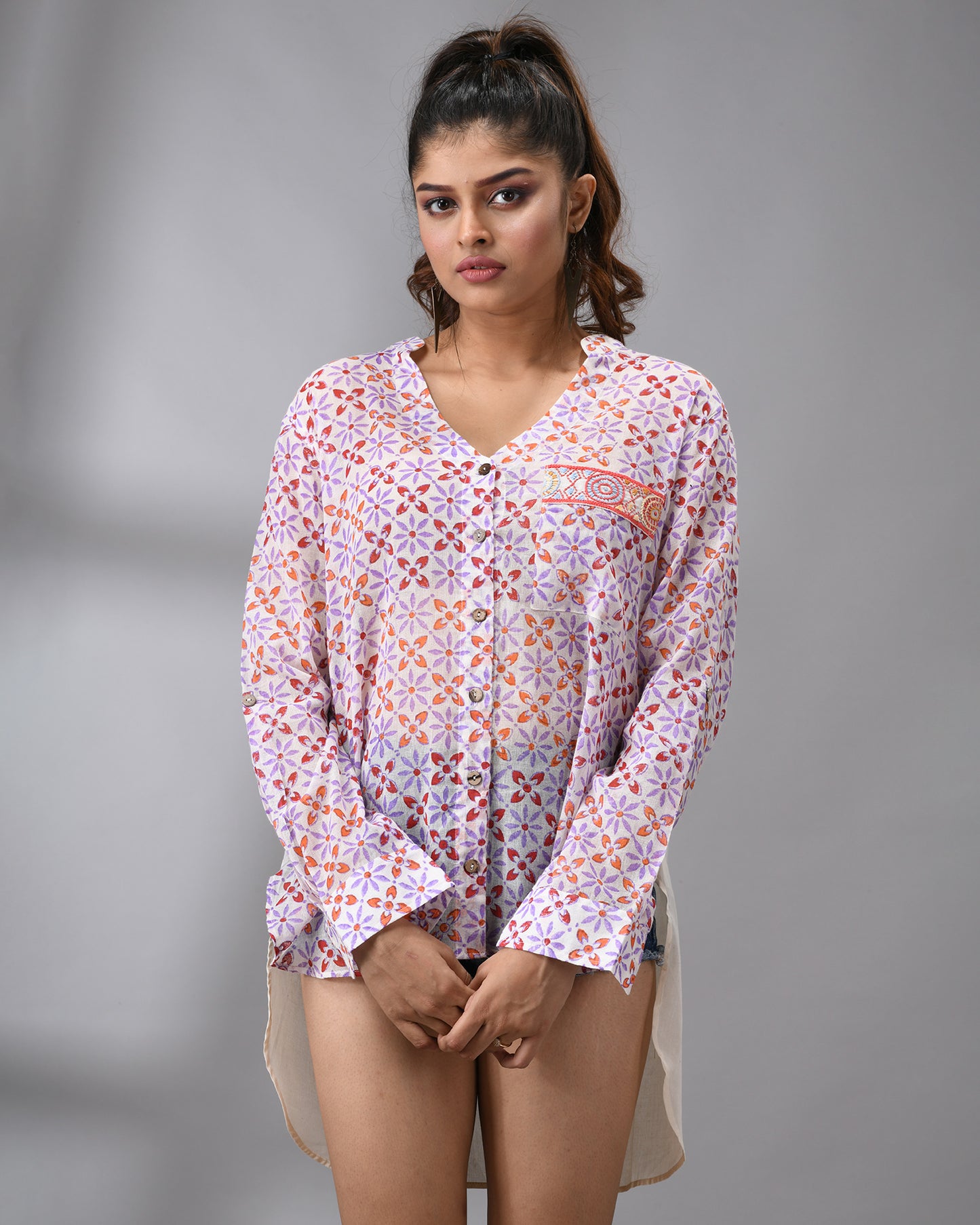 Sitara - Hand Block Printed Full Sleeve Mandarin Collar Shirt With Hand Embroidery Details on Pocket 100% Cotton for Women