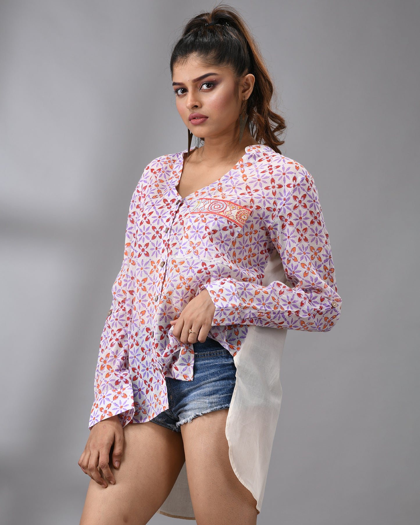 Sitara - Hand Block Printed Full Sleeve Mandarin Collar Shirt With Hand Embroidery Details on Pocket 100% Cotton for Women