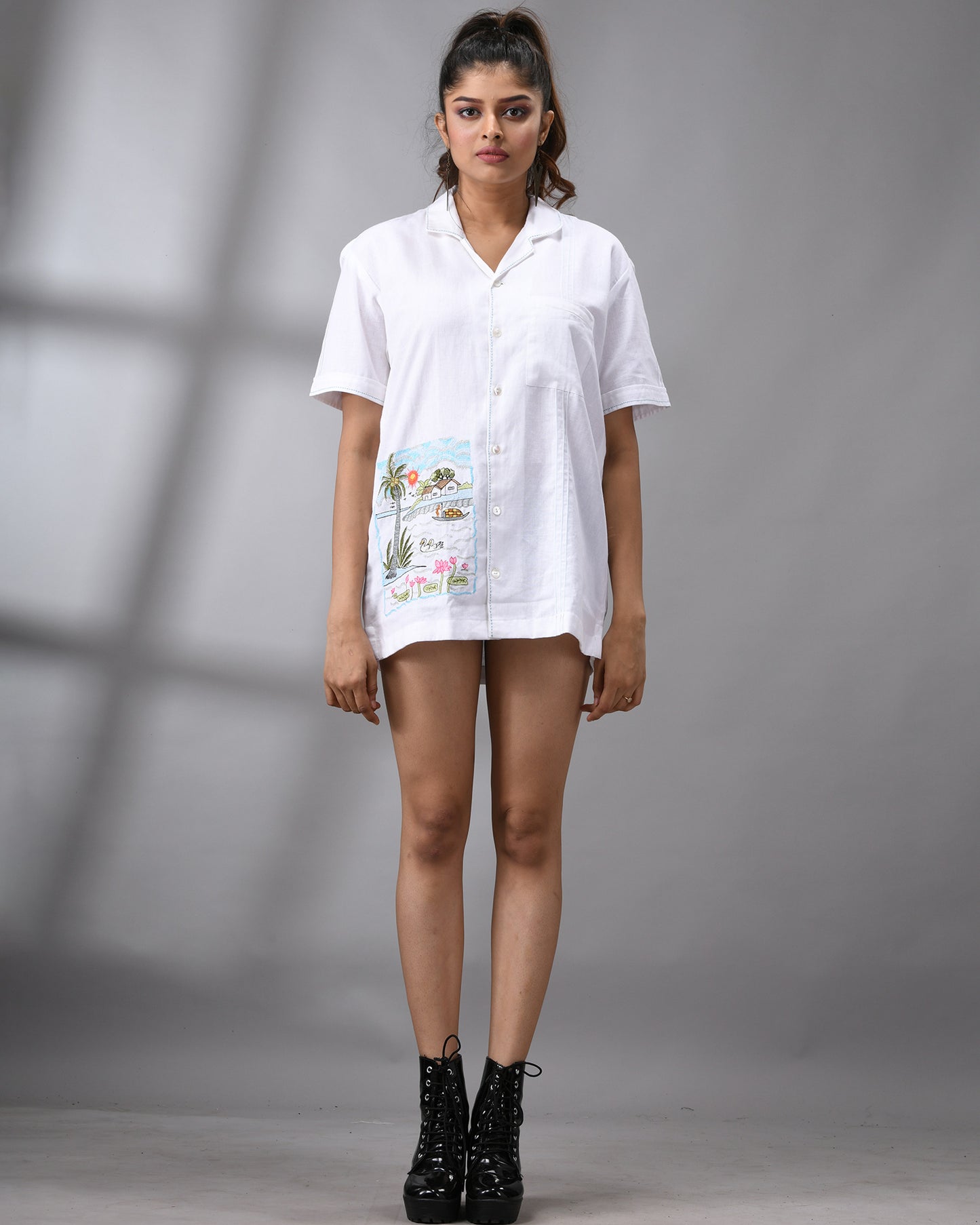 Scenery - Thread Embroidery Half Sleeve Cuban Collar Shirt 100% Cotton for Women (Unisex)