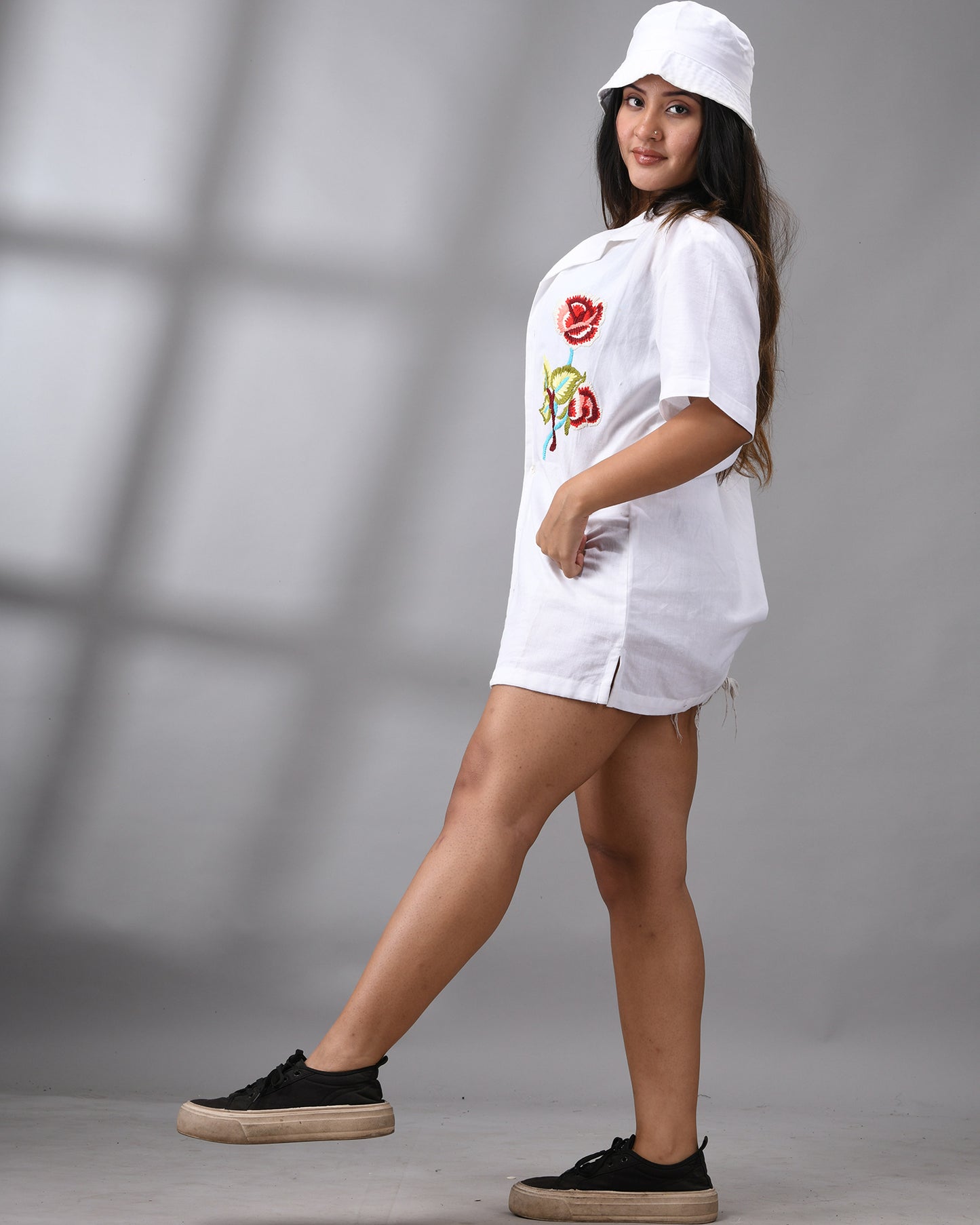 Atrangi - Thread Embroidery Half Sleeve Cuban Collar Shirt 100% Cotton for Women (Unisex)