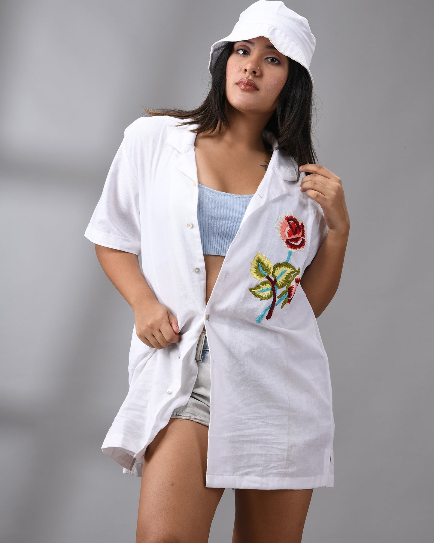 Atrangi - Thread Embroidery Half Sleeve Cuban Collar Shirt 100% Cotton for Women (Unisex)