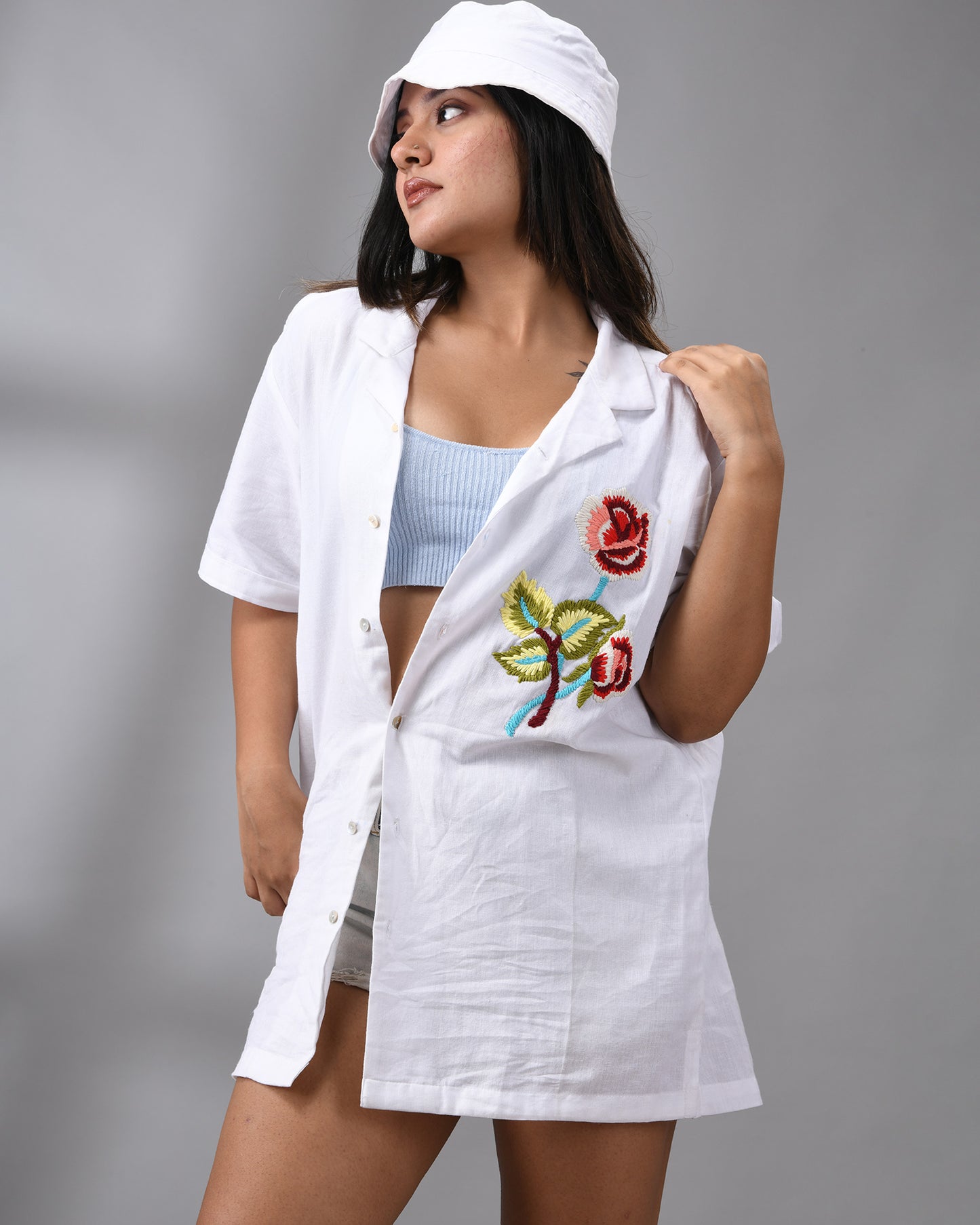 Atrangi - Thread Embroidery Half Sleeve Cuban Collar Shirt 100% Cotton for Women (Unisex)