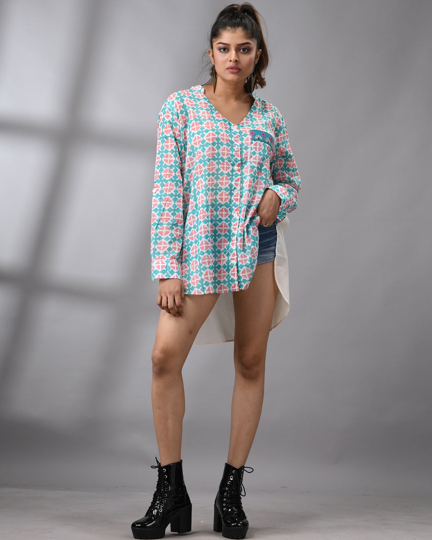 Tara - Hand Block printed Full Sleeve Mandarin Collar Shirt With Hand Embroidery Details on Pocket 100% Cotton for Women