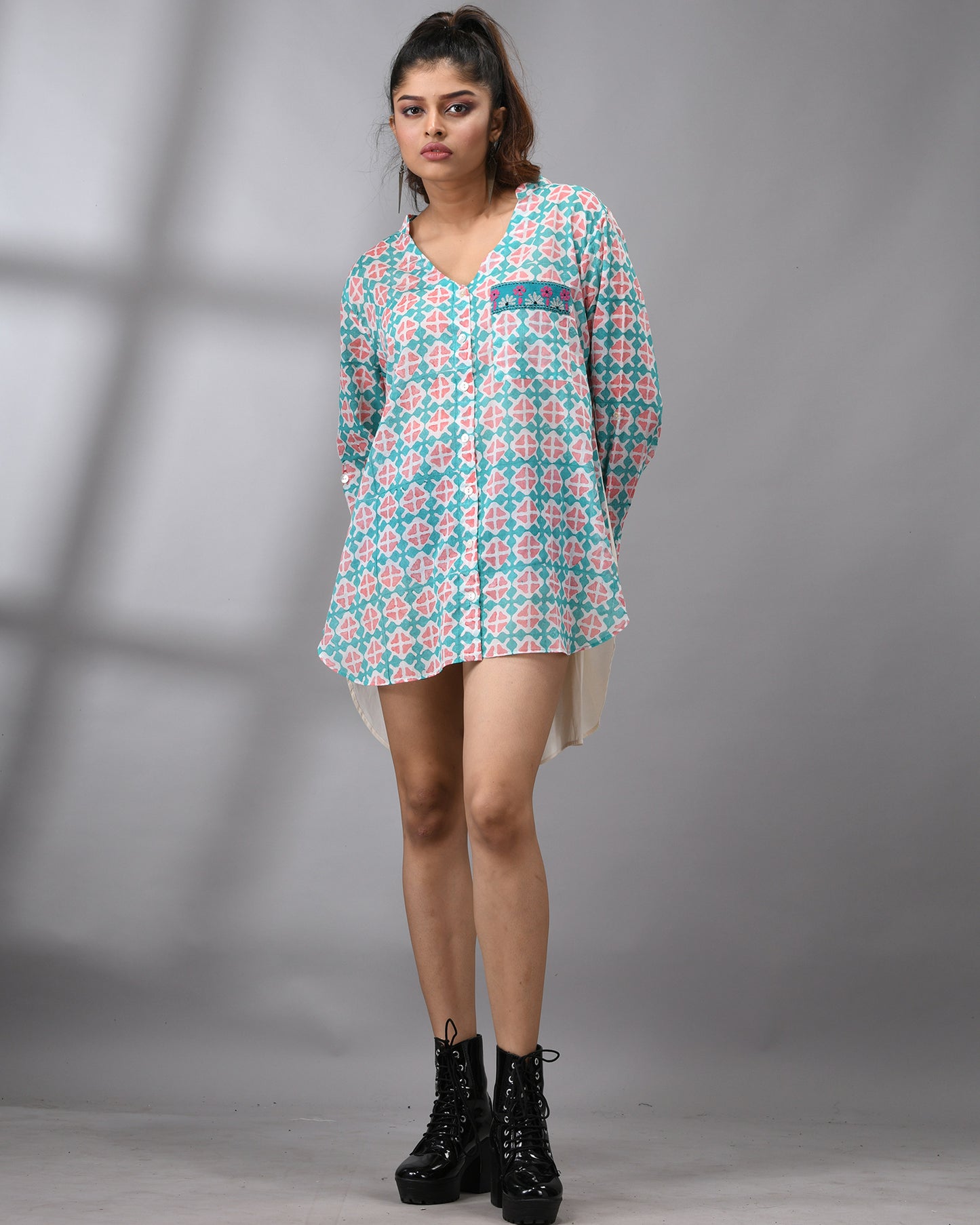 Tara - Hand Block printed Full Sleeve Mandarin Collar Shirt With Hand Embroidery Details on Pocket 100% Cotton for Women