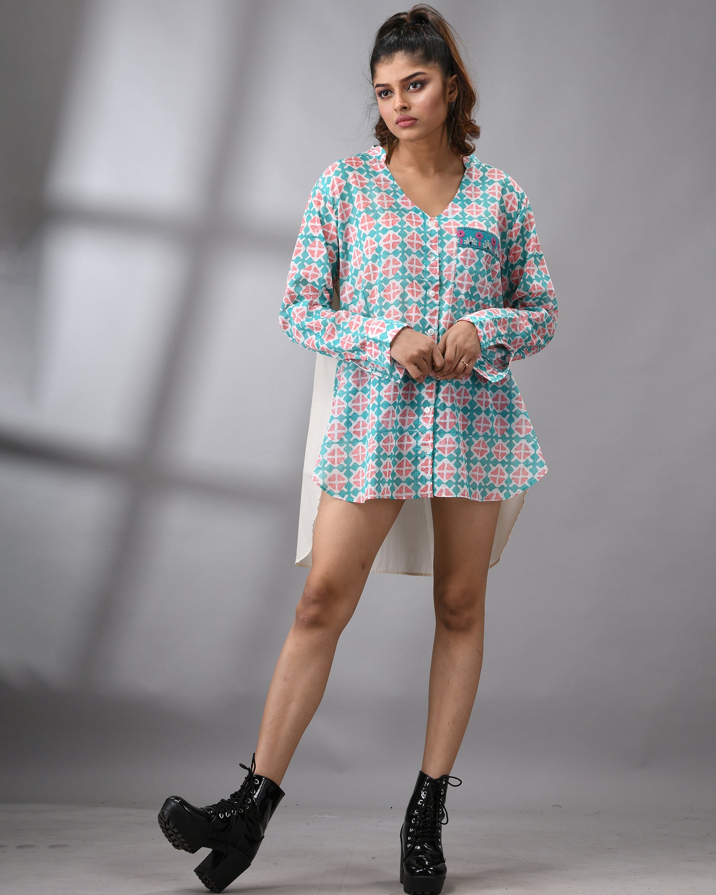 Tara - Hand Block printed Full Sleeve Mandarin Collar Shirt With Hand Embroidery Details on Pocket 100% Cotton for Women