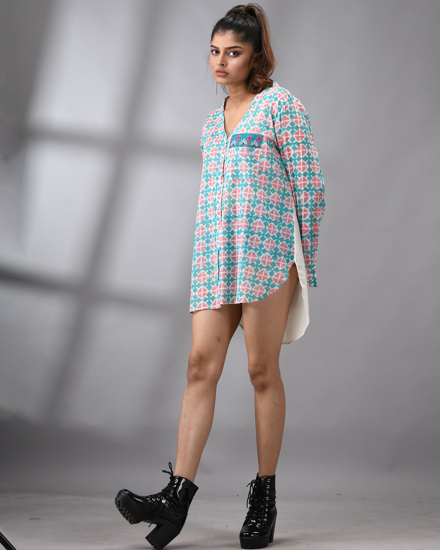 Tara - Hand Block printed Full Sleeve Mandarin Collar Shirt With Hand Embroidery Details on Pocket 100% Cotton for Women