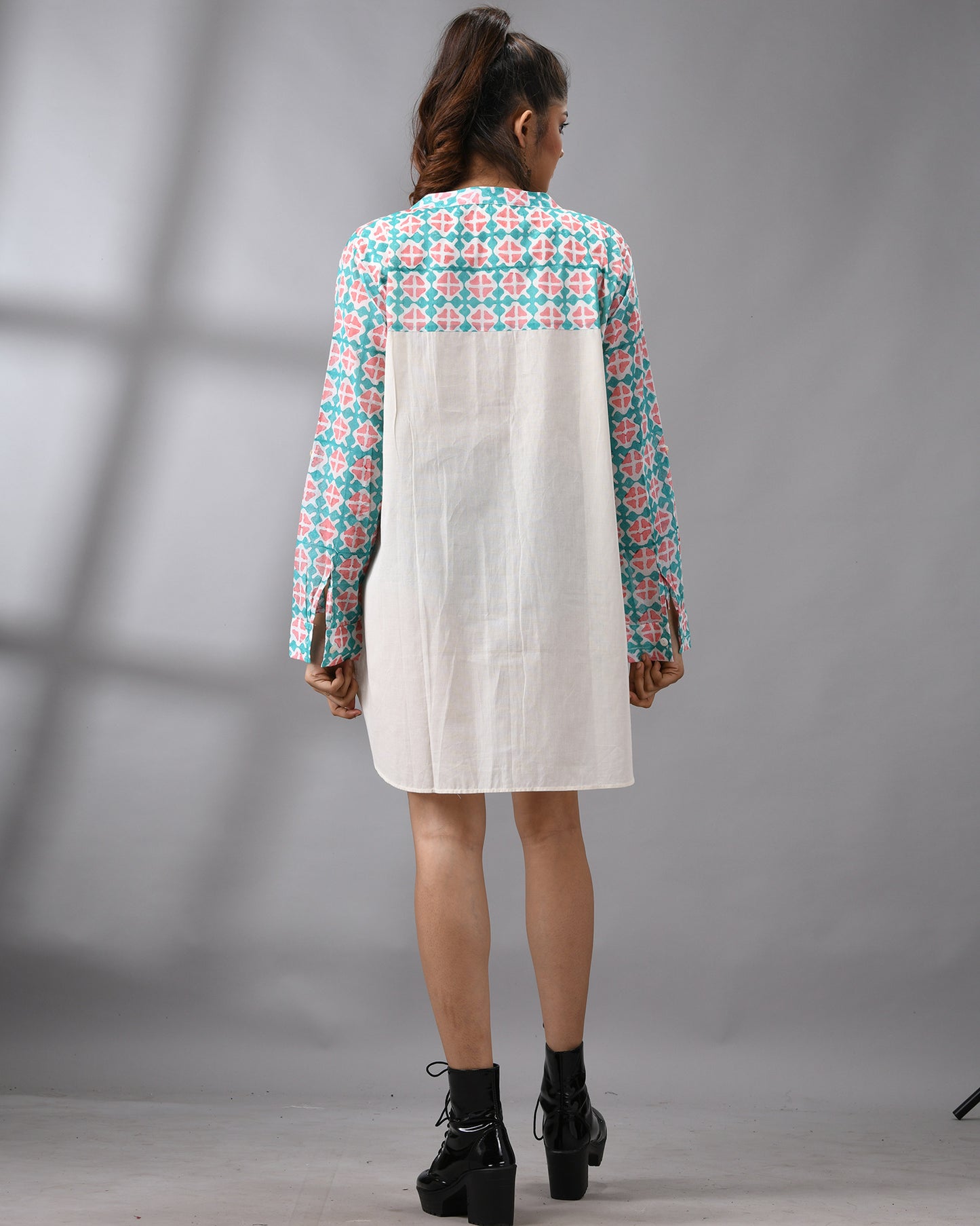 Tara - Hand Block printed Full Sleeve Mandarin Collar Shirt With Hand Embroidery Details on Pocket 100% Cotton for Women