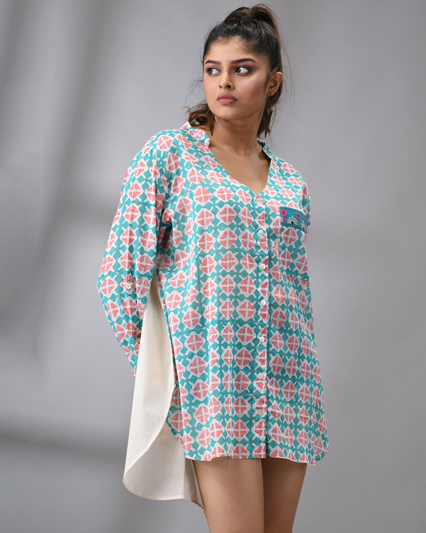Tara - Hand Block printed Full Sleeve Mandarin Collar Shirt With Hand Embroidery Details on Pocket 100% Cotton for Women