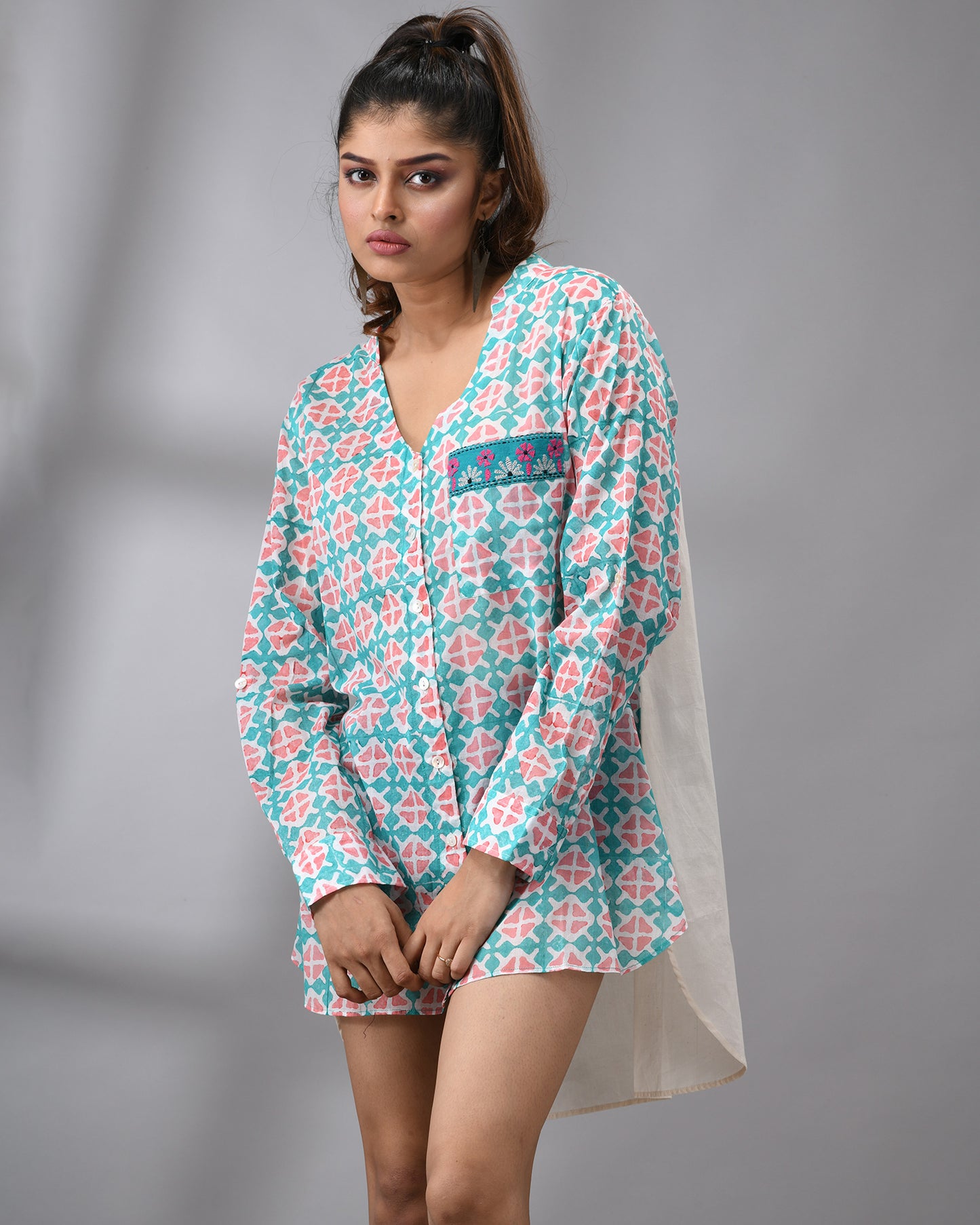 Tara - Hand Block printed Full Sleeve Mandarin Collar Shirt With Hand Embroidery Details on Pocket 100% Cotton for Women