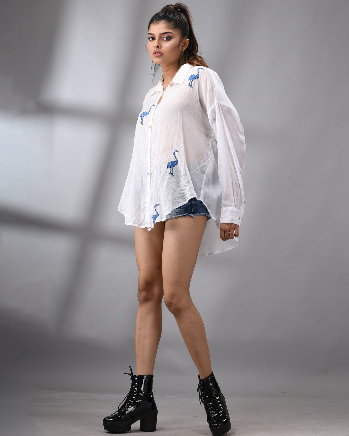 Mulmul Flamingo - Dark Blue Kantha Hand Embroidery Full Sleeve Regular Collar Shirt 100% Cotton for Women (Unisex)