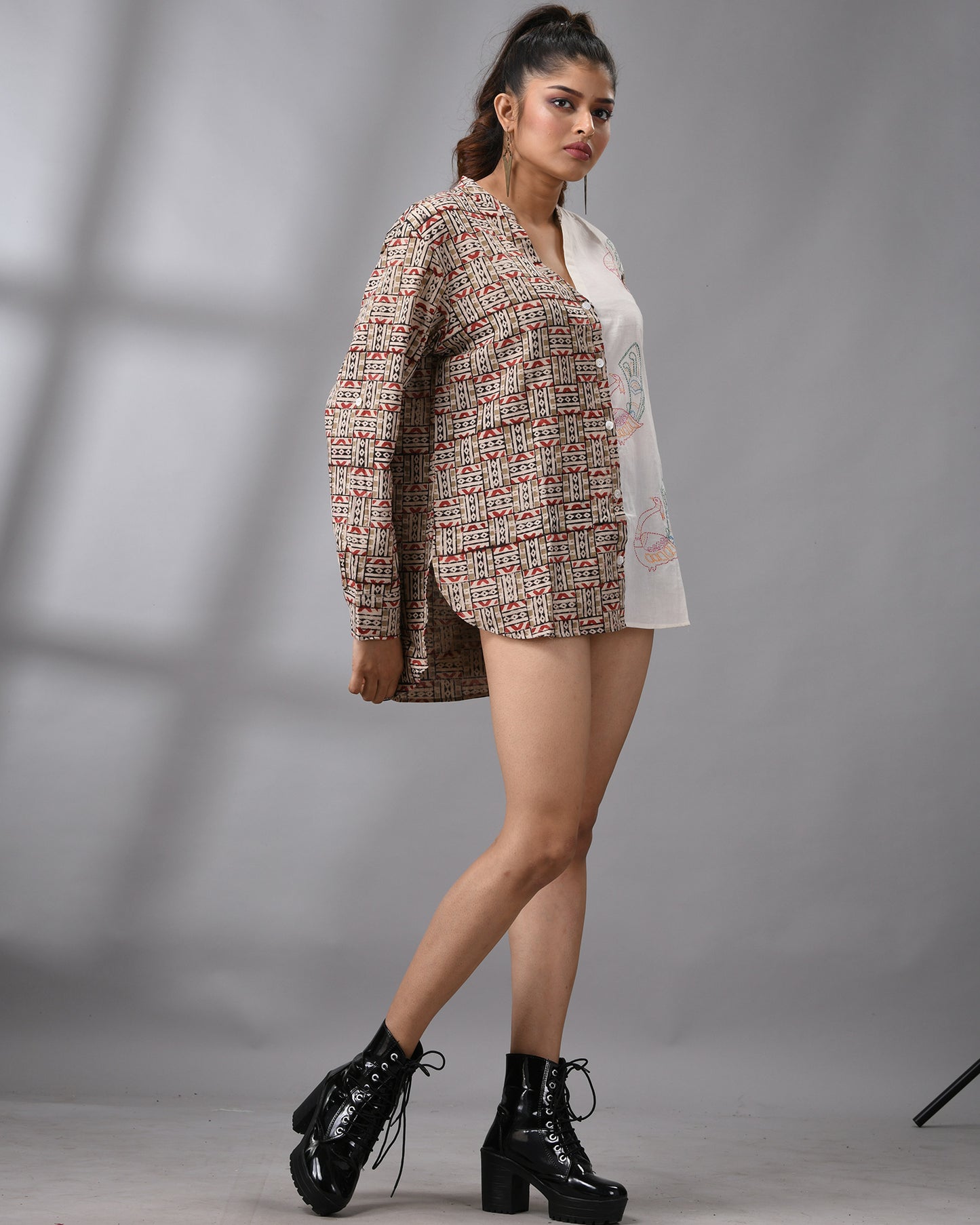 Peacock - kalamkari Kantha Hand Embroidery Full Sleeve Mandarin Collar Shirt Regular fit 100% Cotton for Women
