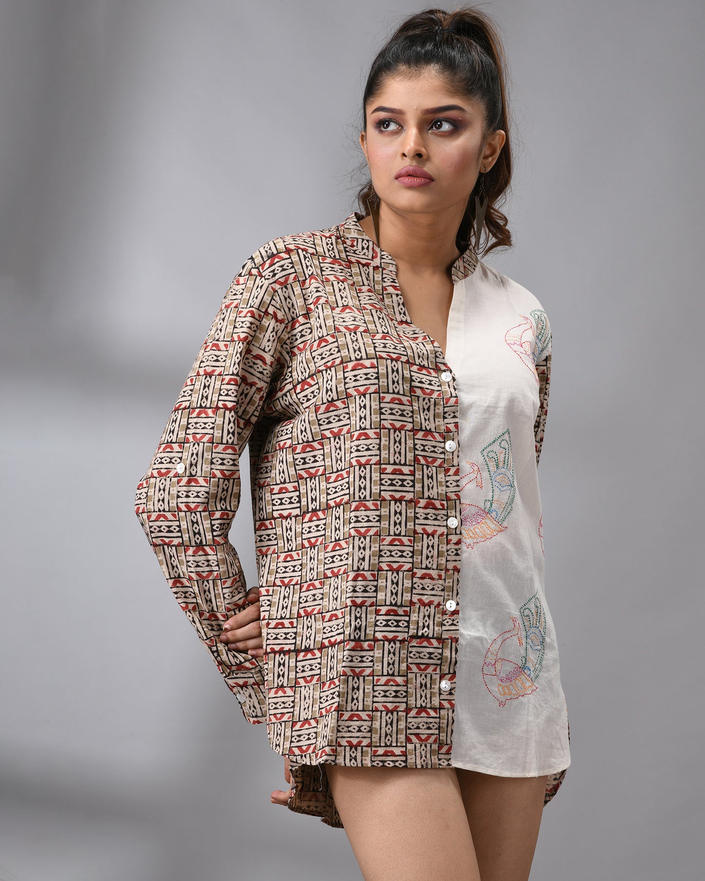 Peacock - kalamkari Kantha Hand Embroidery Full Sleeve Mandarin Collar Shirt Regular fit 100% Cotton for Women
