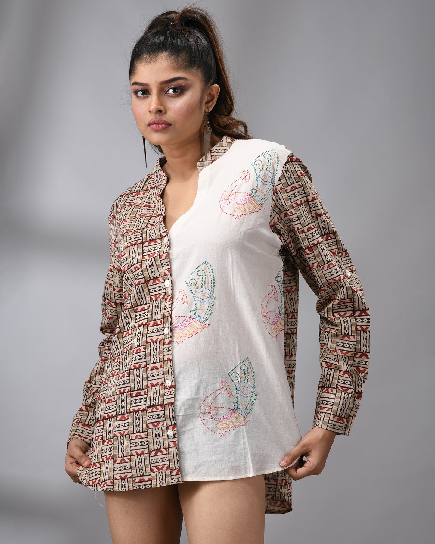 Peacock - kalamkari Kantha Hand Embroidery Full Sleeve Mandarin Collar Shirt Regular fit 100% Cotton for Women