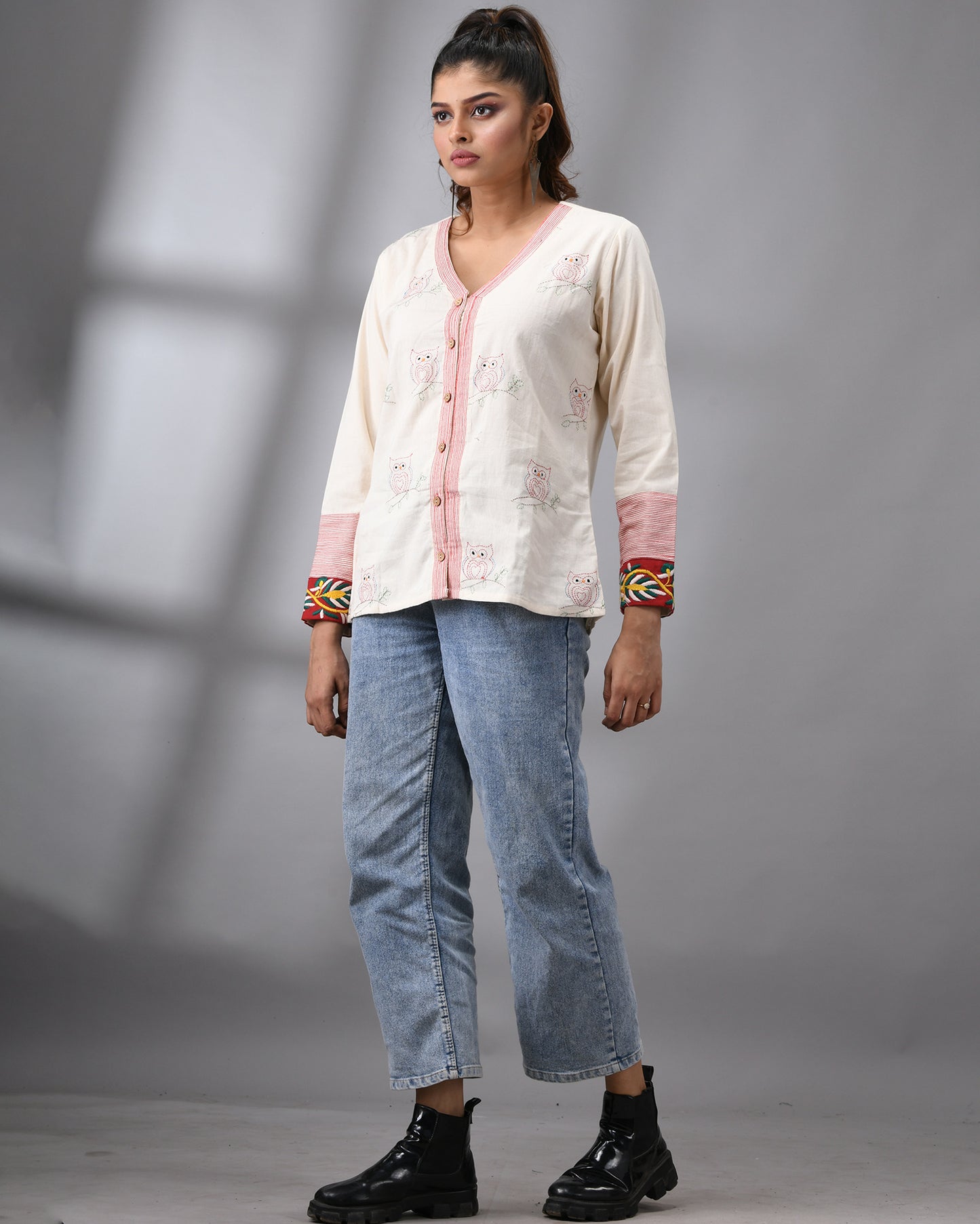 Owl Kantha - Hand Embroidery Full Sleeve "V" Neck Summer Jacket Regular fit 100% Cotton for Women