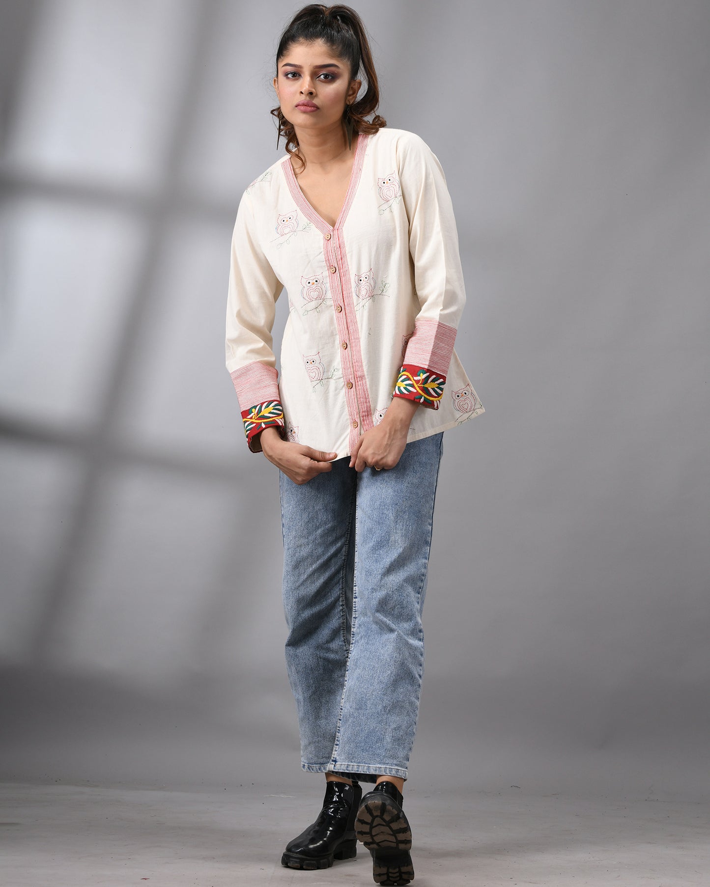 Owl Kantha - Hand Embroidery Full Sleeve "V" Neck Summer Jacket Regular fit 100% Cotton for Women