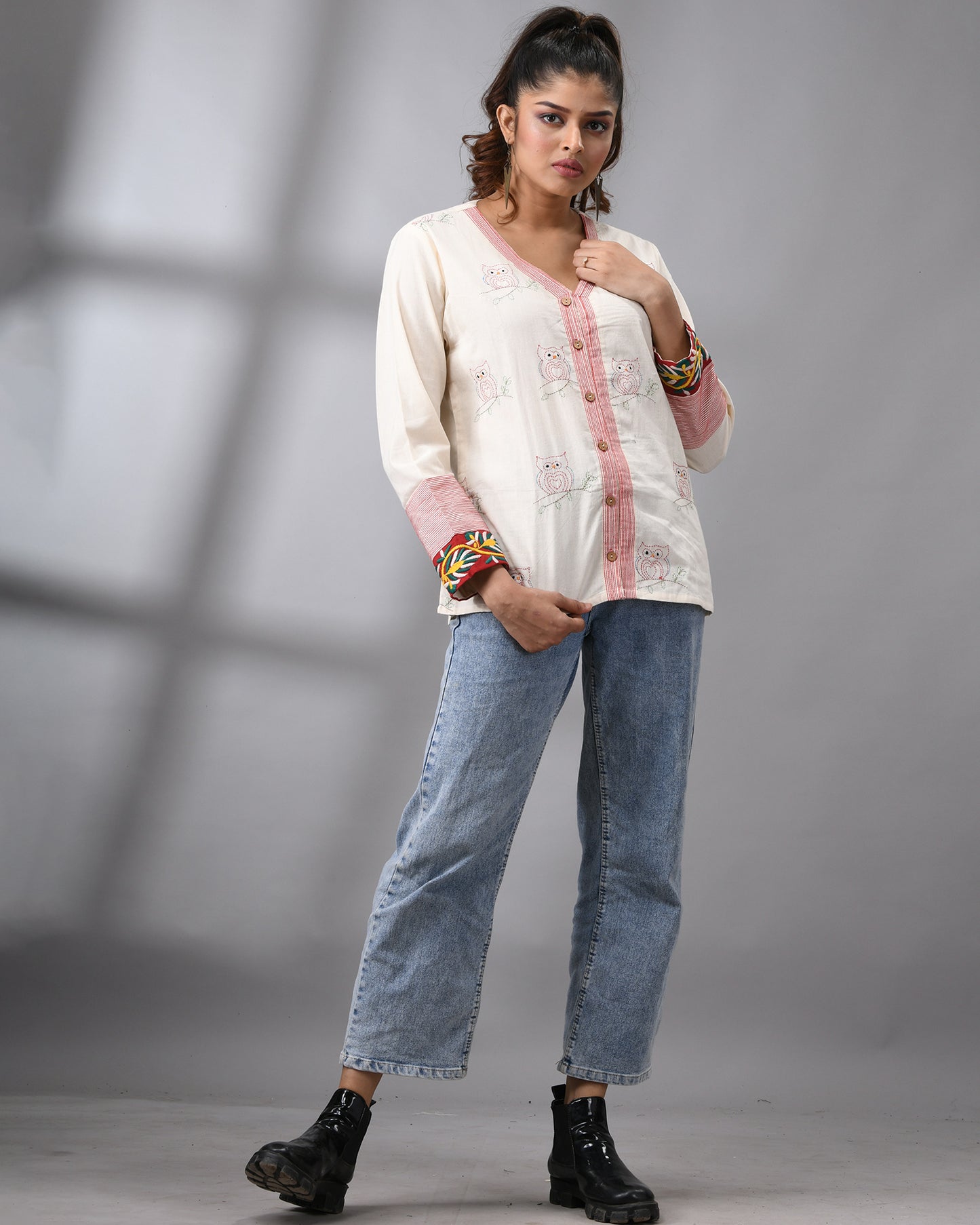 Owl Kantha - Hand Embroidery Full Sleeve "V" Neck Summer Jacket Regular fit 100% Cotton for Women