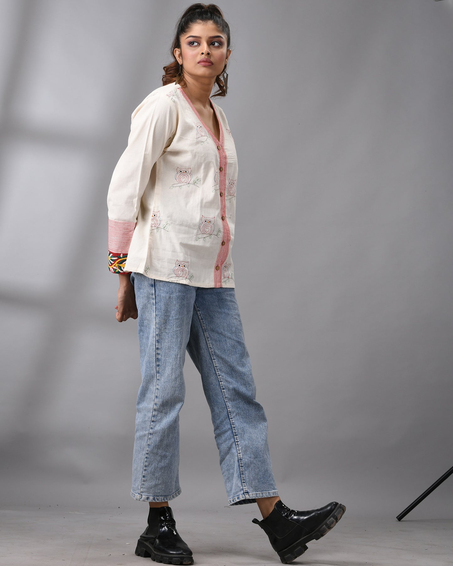 Owl Kantha - Hand Embroidery Full Sleeve "V" Neck Summer Jacket Regular fit 100% Cotton for Women
