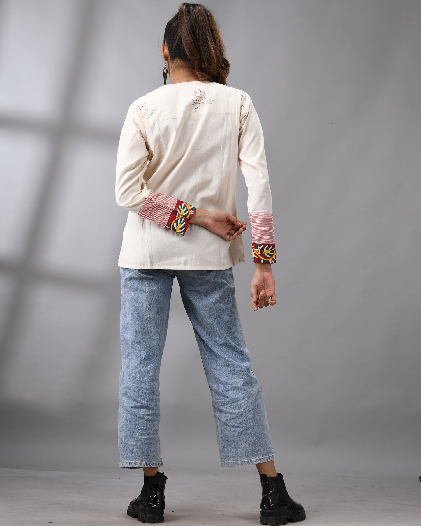 Owl Kantha - Hand Embroidery Full Sleeve "V" Neck Summer Jacket Regular fit 100% Cotton for Women