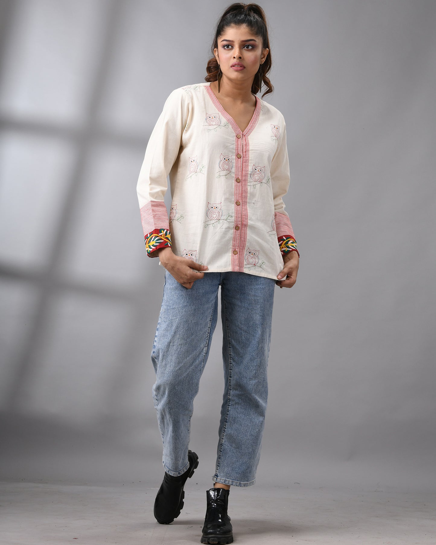 Owl Kantha - Hand Embroidery Full Sleeve "V" Neck Summer Jacket Regular fit 100% Cotton for Women