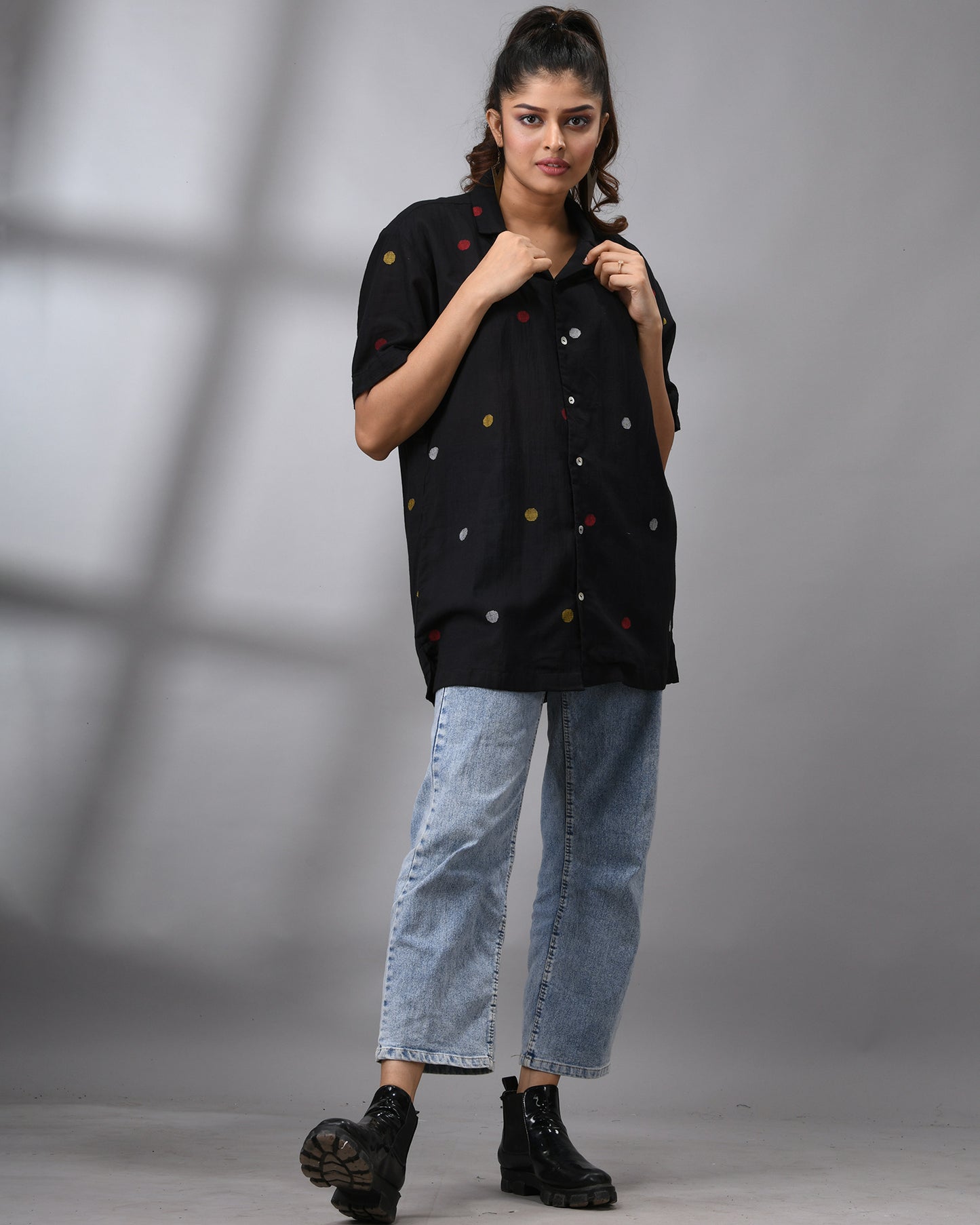 Handloom Jamdani Black Polkadot Half Sleeve Cuban Collar Shirt 100% Cotton for Women (Unisex)