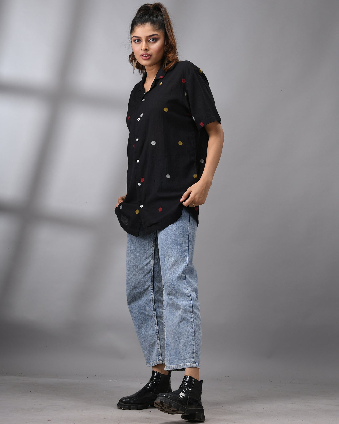 Handloom Jamdani Black Polkadot Half Sleeve Cuban Collar Shirt 100% Cotton for Women (Unisex)