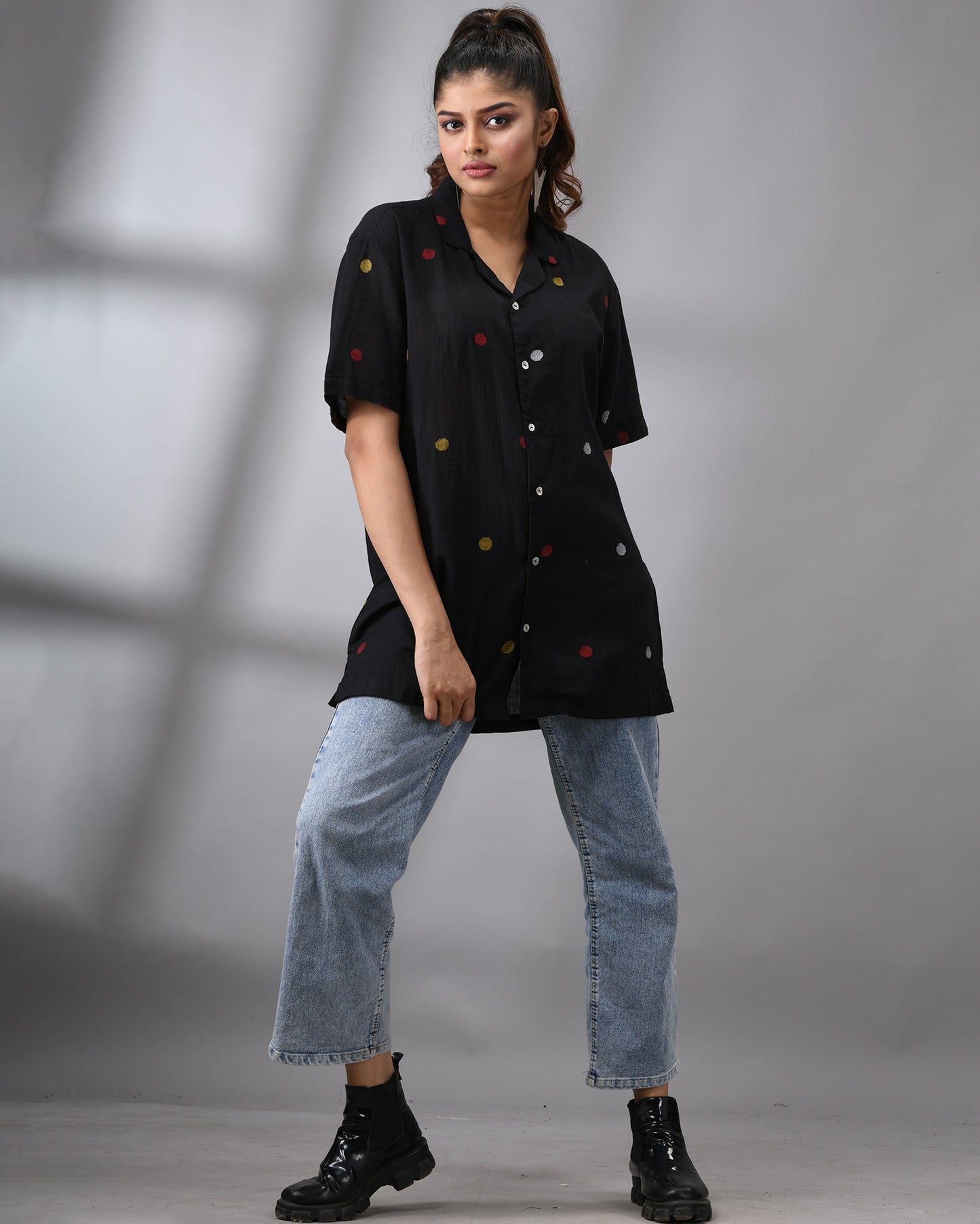 Handloom Jamdani Black Polkadot Half Sleeve Cuban Collar Shirt 100% Cotton for Women (Unisex)