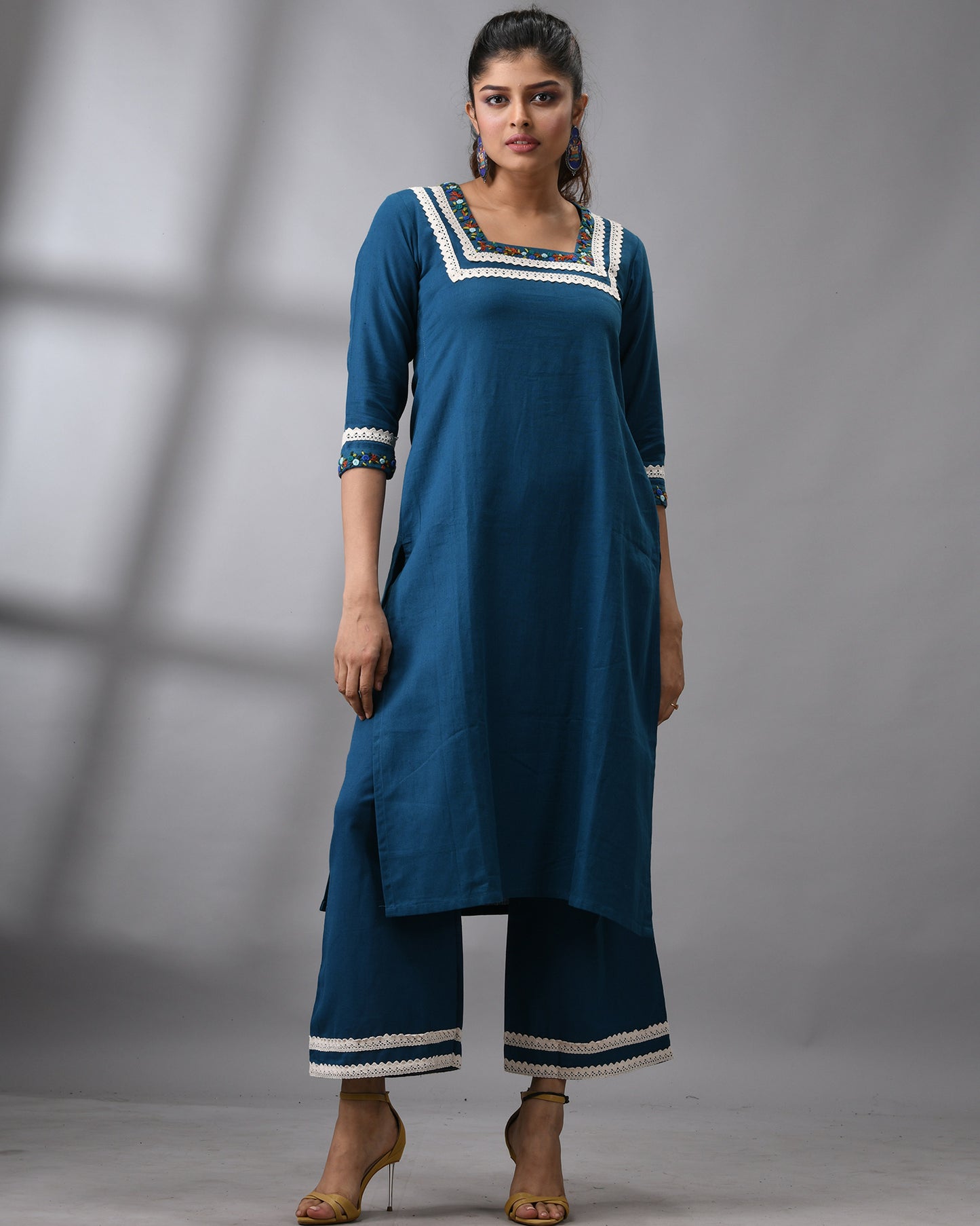 Rubaru - Khadi Blue Parsee Hand Embroidery Three-quarter Sleeve Square Neck Co-Ord Set 100% Cotton for Women