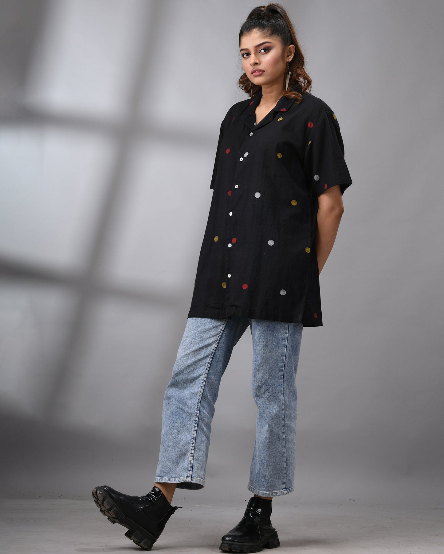 Handloom Jamdani Black Polkadot Half Sleeve Cuban Collar Shirt 100% Cotton for Women (Unisex)