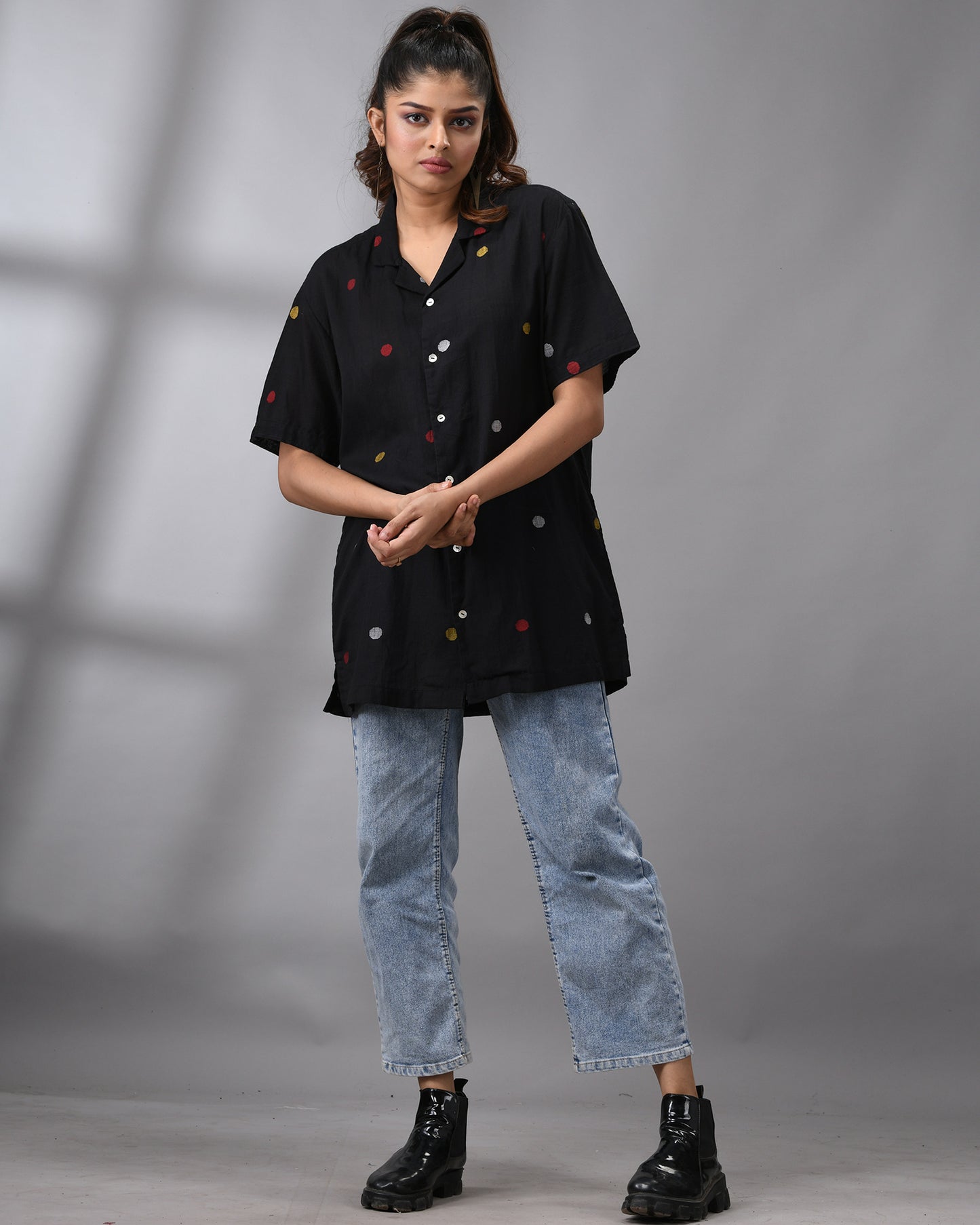 Handloom Jamdani Black Polkadot Half Sleeve Cuban Collar Shirt 100% Cotton for Women (Unisex)