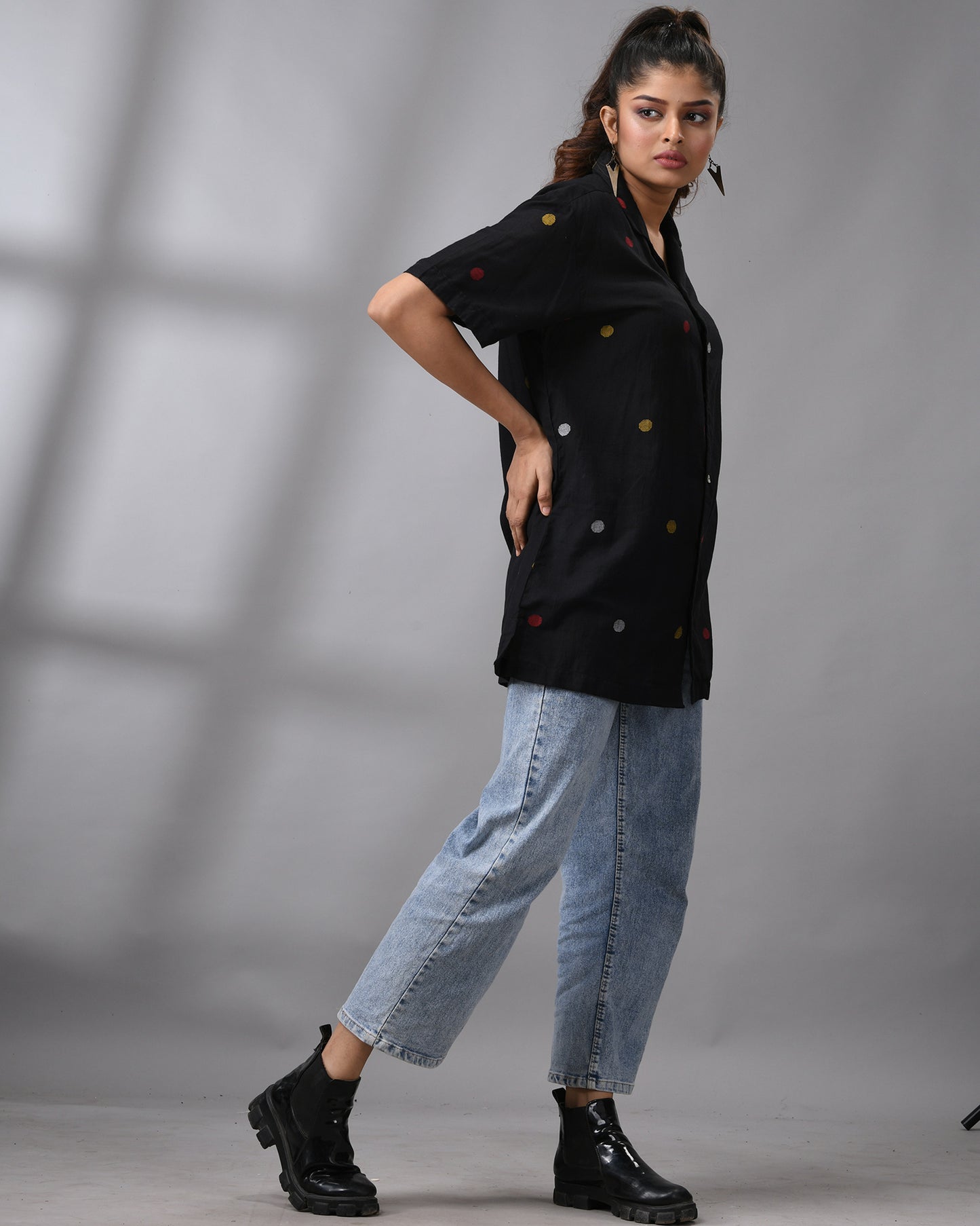 Handloom Jamdani Black Polkadot Half Sleeve Cuban Collar Shirt 100% Cotton for Women (Unisex)